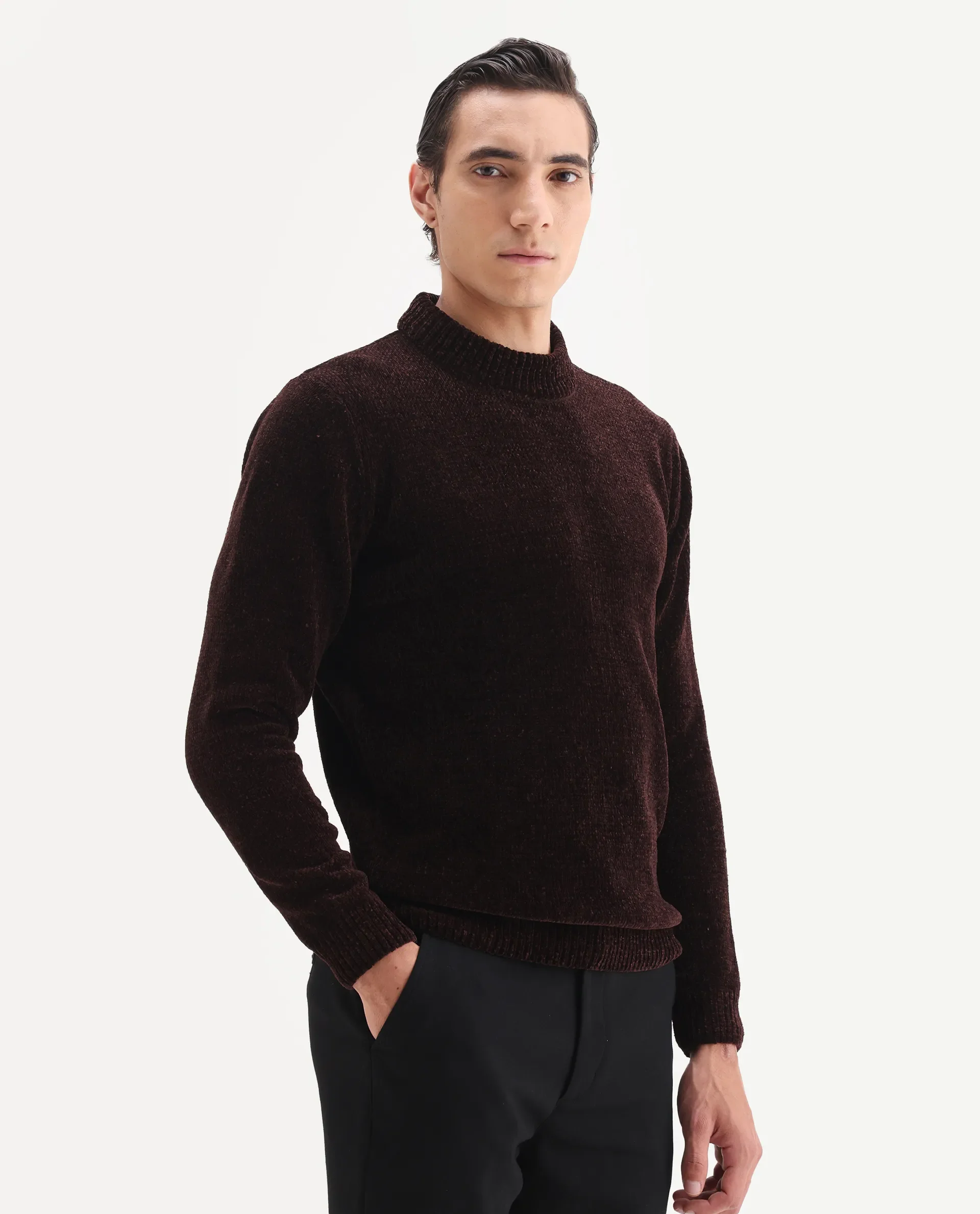 Rare Rabbit Men's Chens Dark Brown Polyester Fabric Full Sleeve Crew Neck Regular Plain Sweater - Image 5