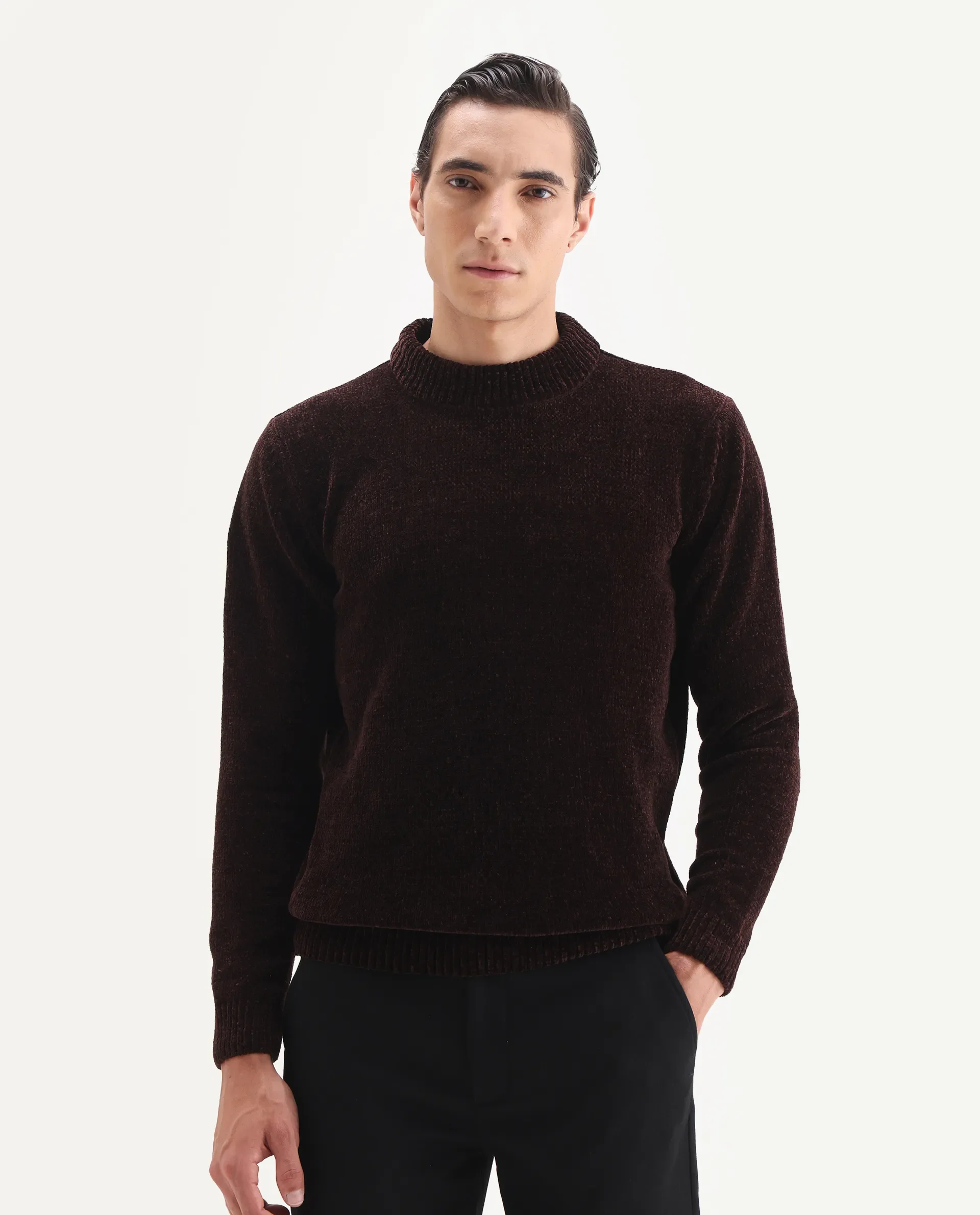 Rare Rabbit Men's Chens Dark Brown Polyester Fabric Full Sleeve Crew Neck Regular Plain Sweater - Image 6