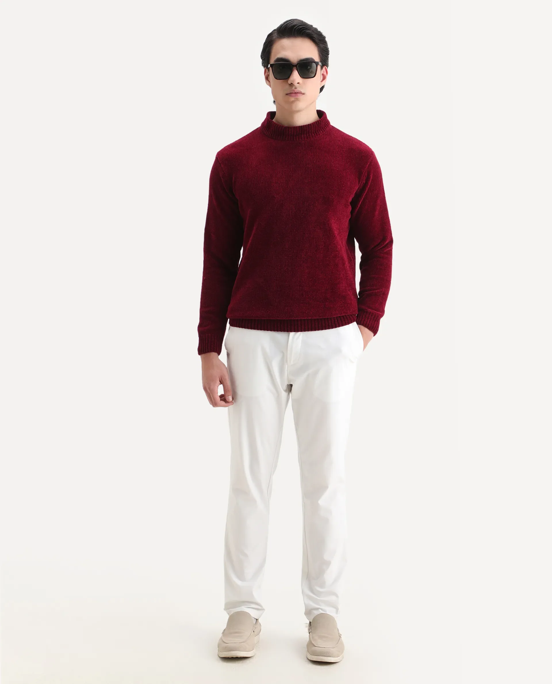 Rare Rabbit Men's Chens Red Chenille Plain Regular Fit Full Sleeve Crew Neck Sweater - Image 2