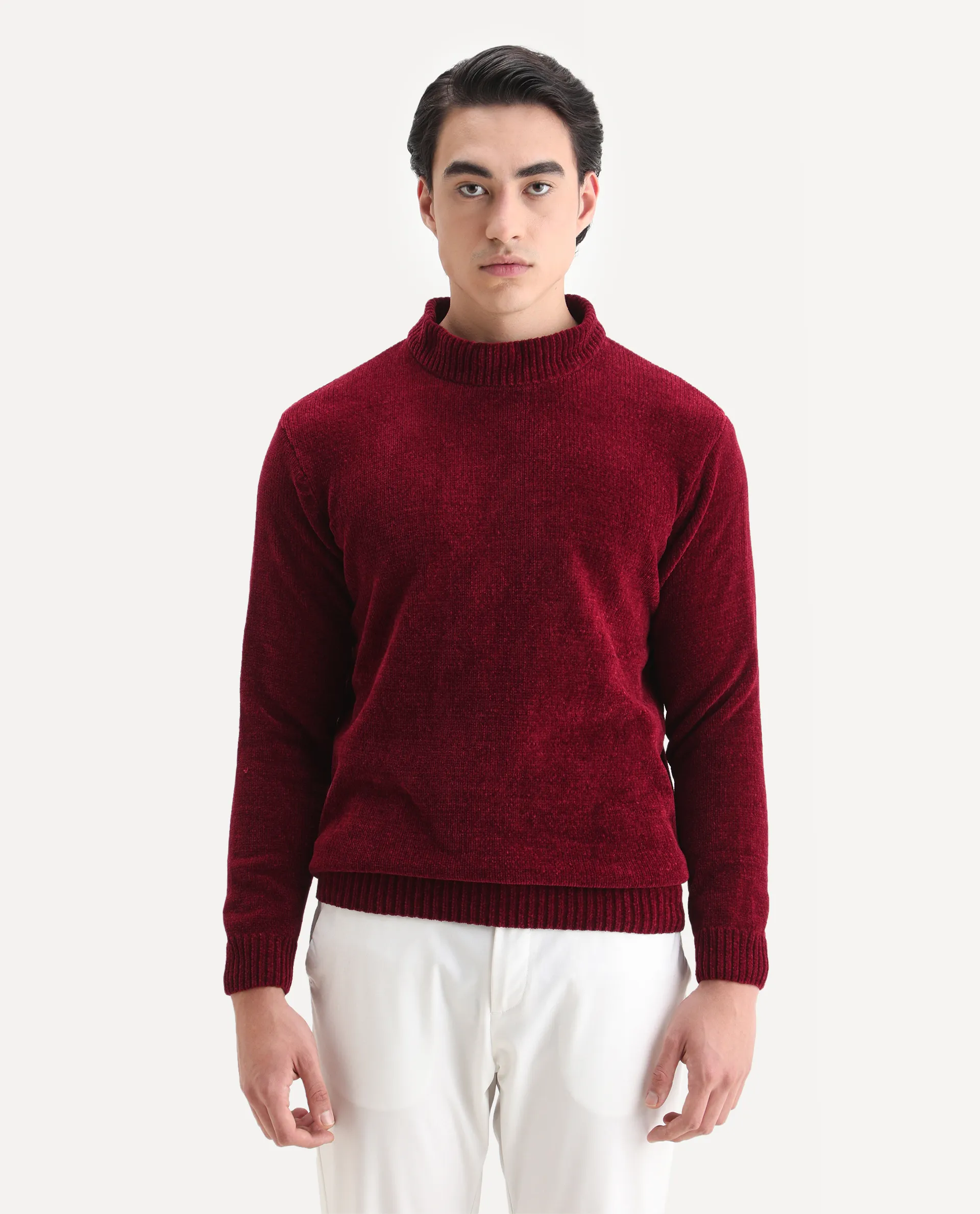 Rare Rabbit Men's Chens Red Chenille Plain Regular Fit Full Sleeve Crew Neck Sweater - Image 4