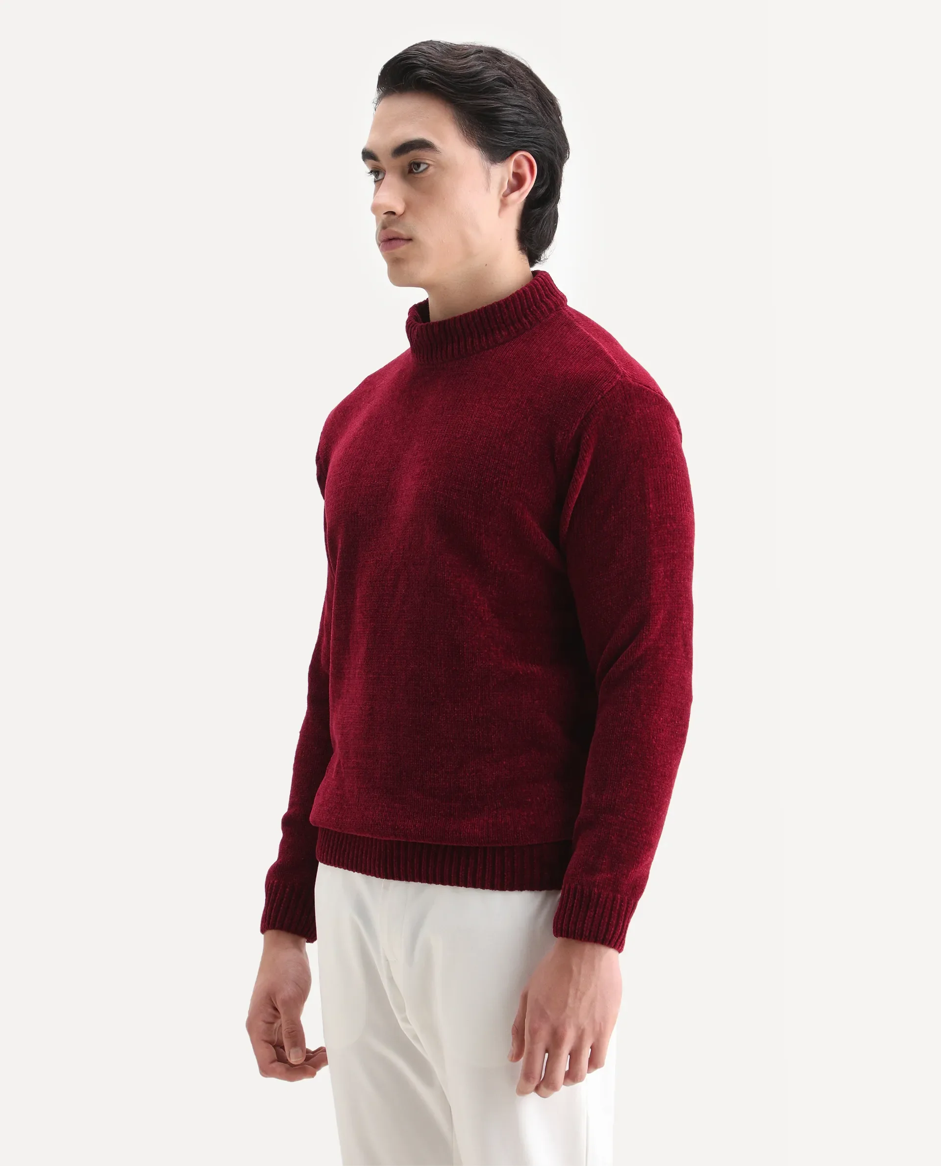 Rare Rabbit Men's Chens Red Chenille Plain Regular Fit Full Sleeve Crew Neck Sweater - Image 5