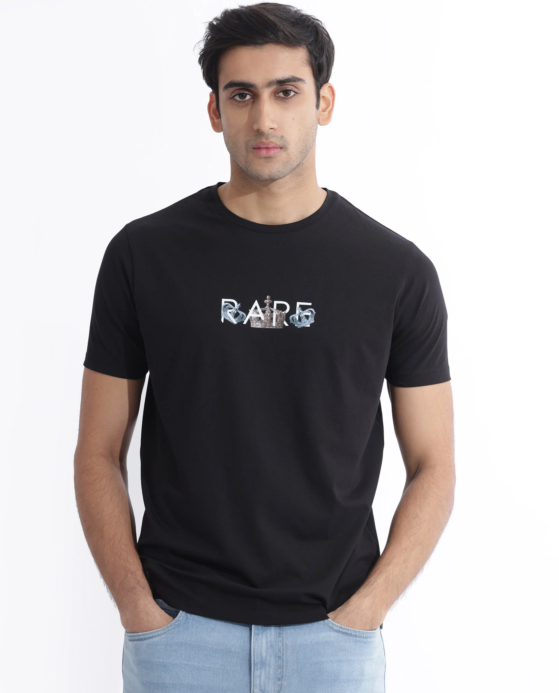 Rare Rabbit Men's Chent Black Cotton Blend Graphic Print Regular Fit Half Sleeve Crew Neck T-Shirt