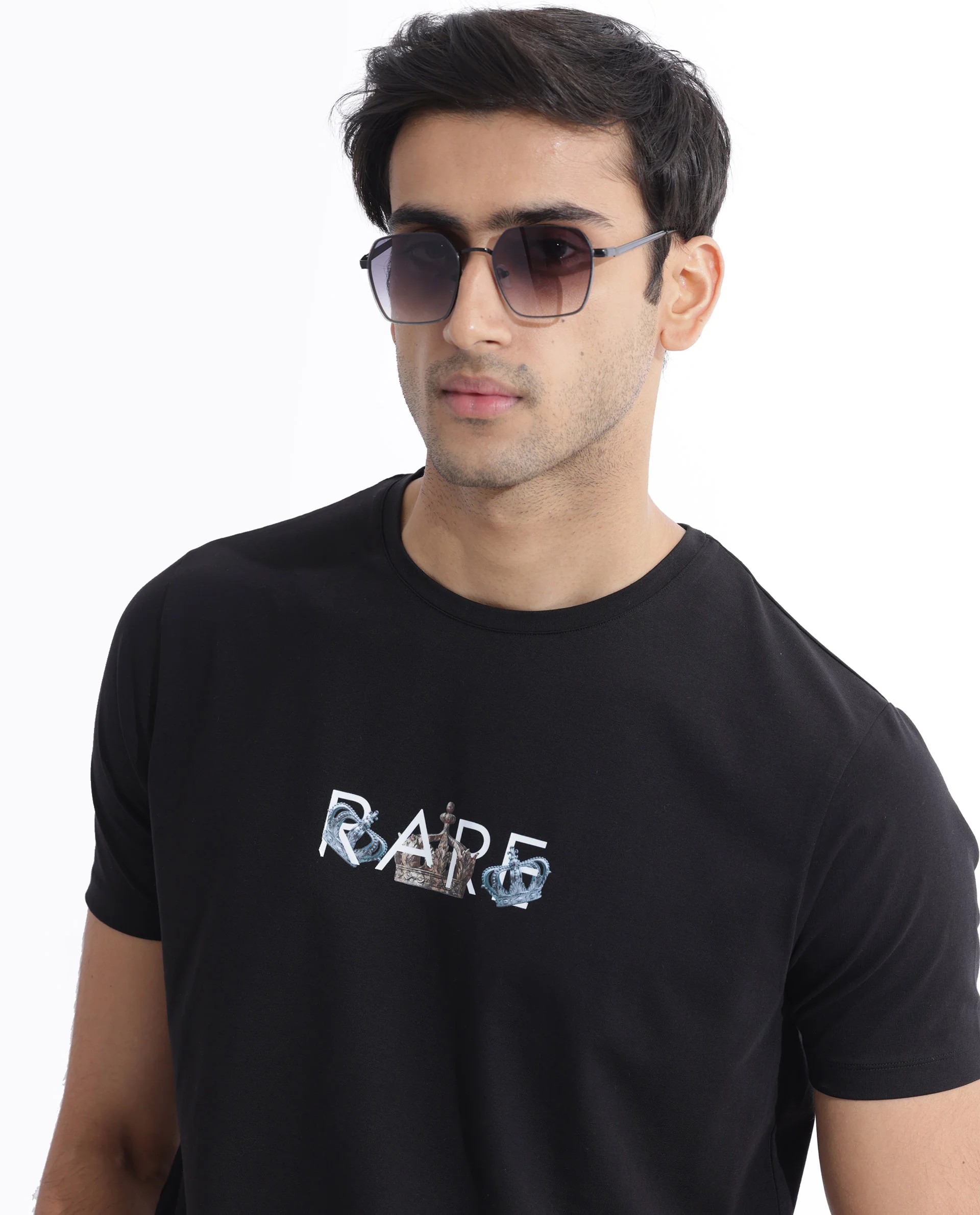 Rare Rabbit Men's Chent Black Cotton Blend Graphic Print Regular Fit Half Sleeve Crew Neck T-Shirt - Image 2