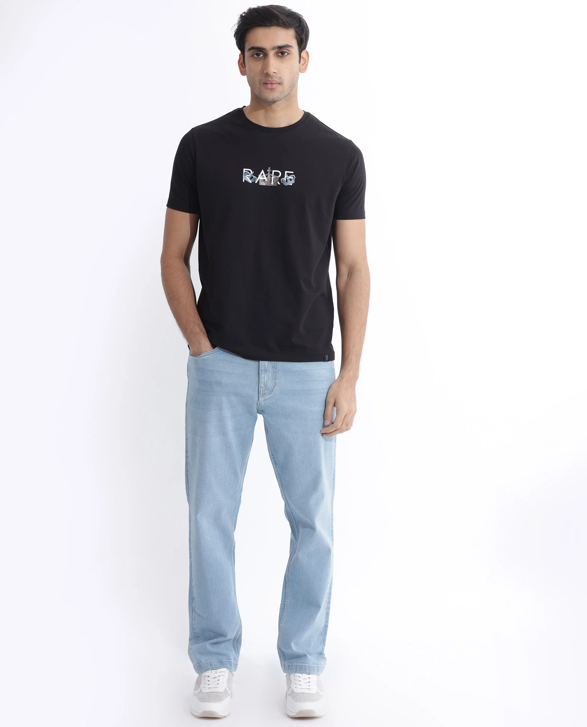 Rare Rabbit Men's Chent Black Cotton Blend Graphic Print Regular Fit Half Sleeve Crew Neck T-Shirt - Image 3