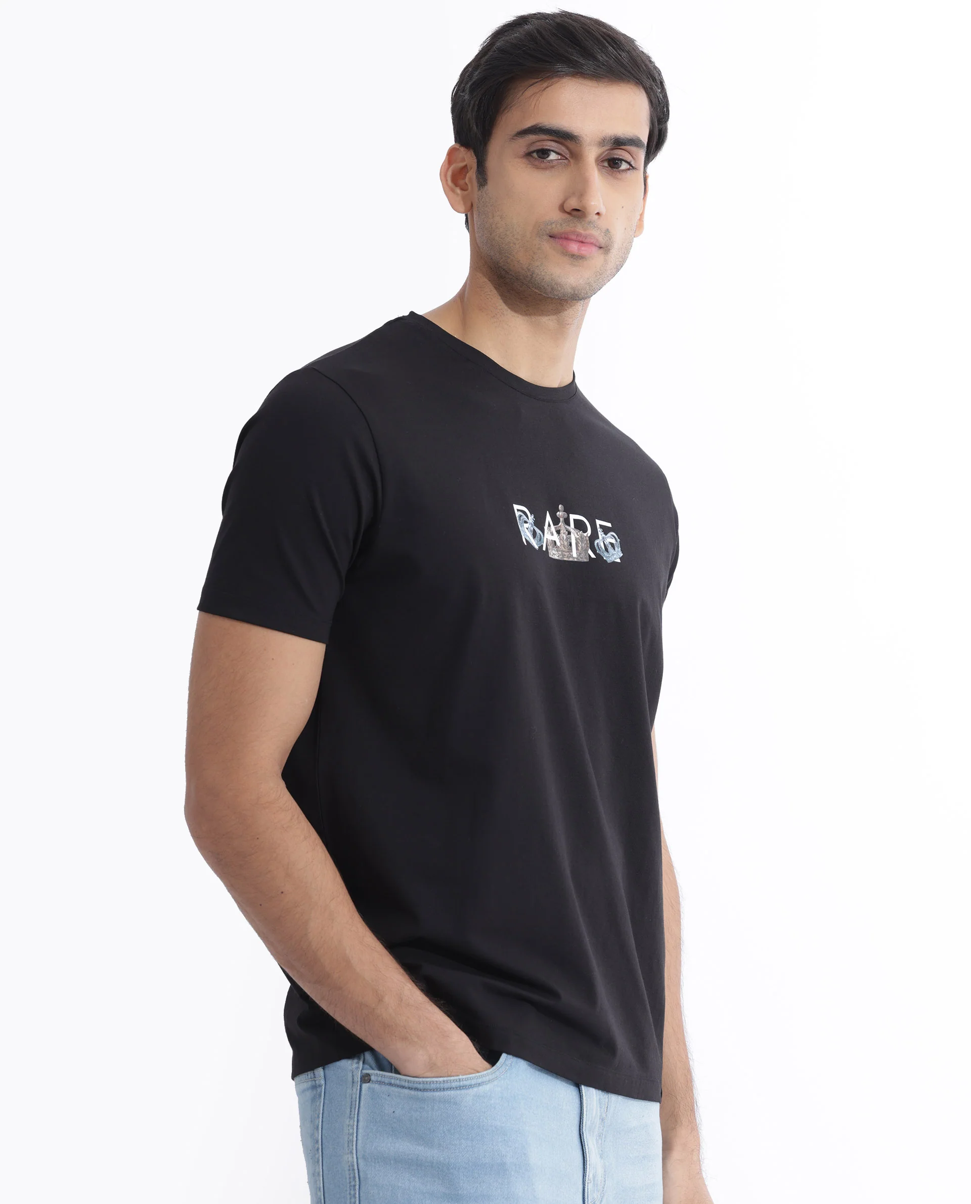 Rare Rabbit Men's Chent Black Cotton Blend Graphic Print Regular Fit Half Sleeve Crew Neck T-Shirt - Image 4