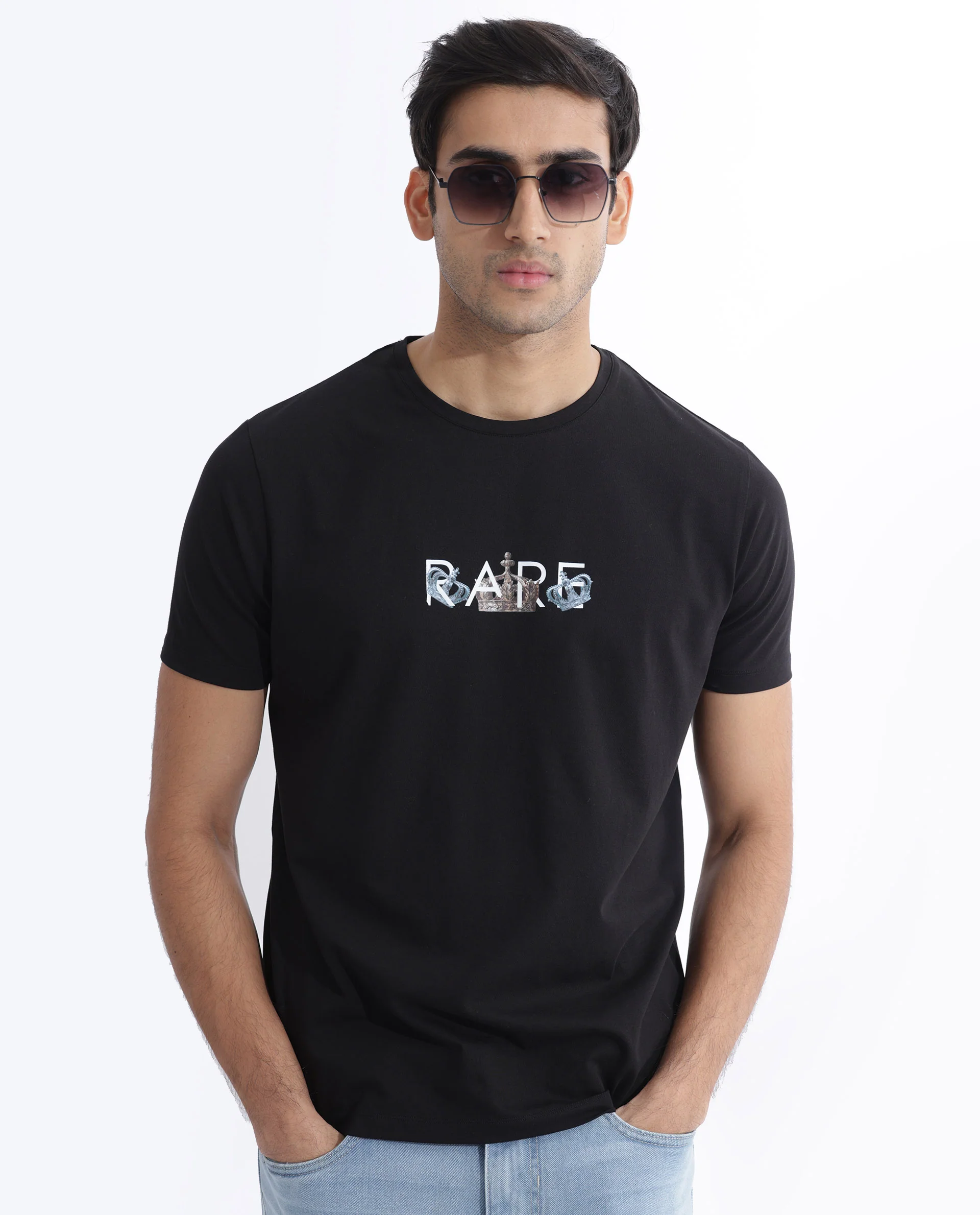 Rare Rabbit Men's Chent Black Cotton Blend Graphic Print Regular Fit Half Sleeve Crew Neck T-Shirt - Image 6