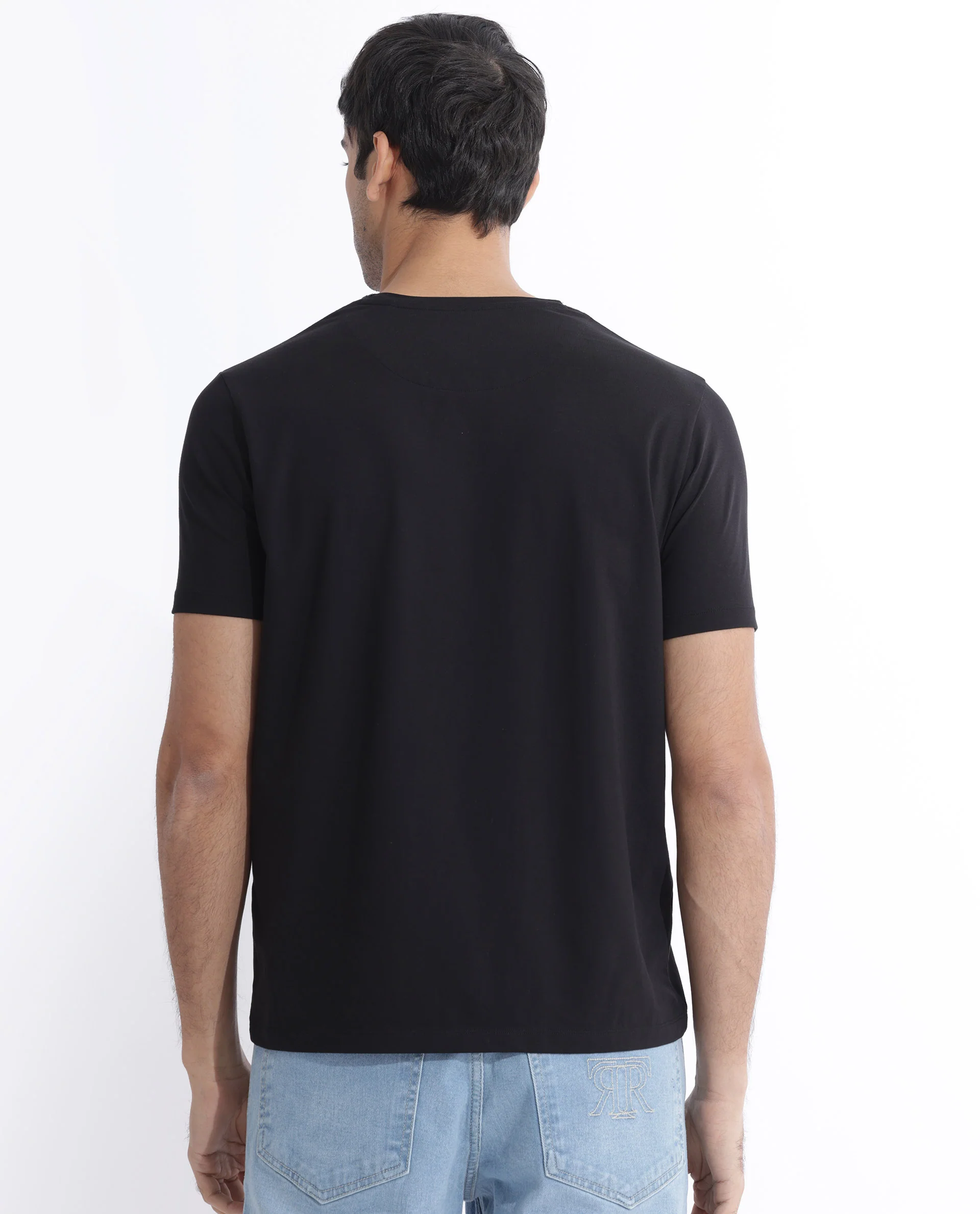 Rare Rabbit Men's Chent Black Cotton Blend Graphic Print Regular Fit Half Sleeve Crew Neck T-Shirt - Image 7