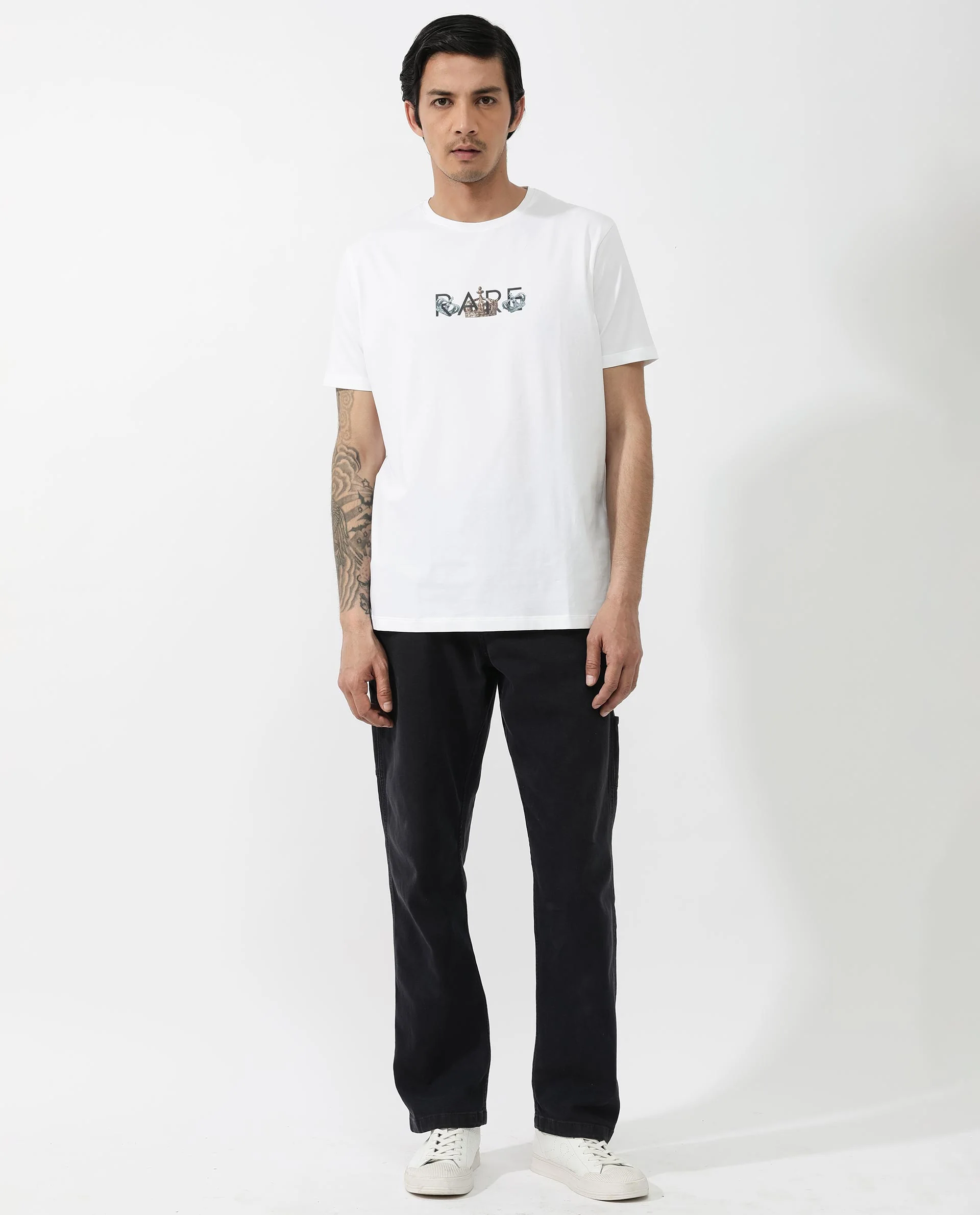 Rare Rabbit Men's Chent White Cotton Blend Graphic Print Regular Fit Half Sleeve Crew Neck T-Shirt - Image 2