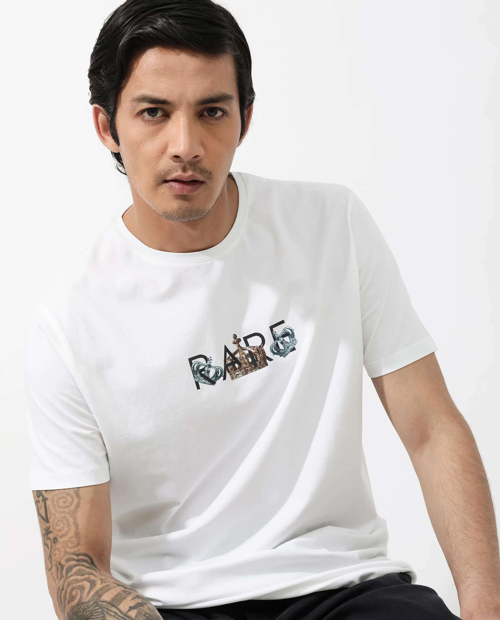Rare Rabbit Men's Chent White Cotton Blend Graphic Print Regular Fit Half Sleeve Crew Neck T-Shirt - Image 3