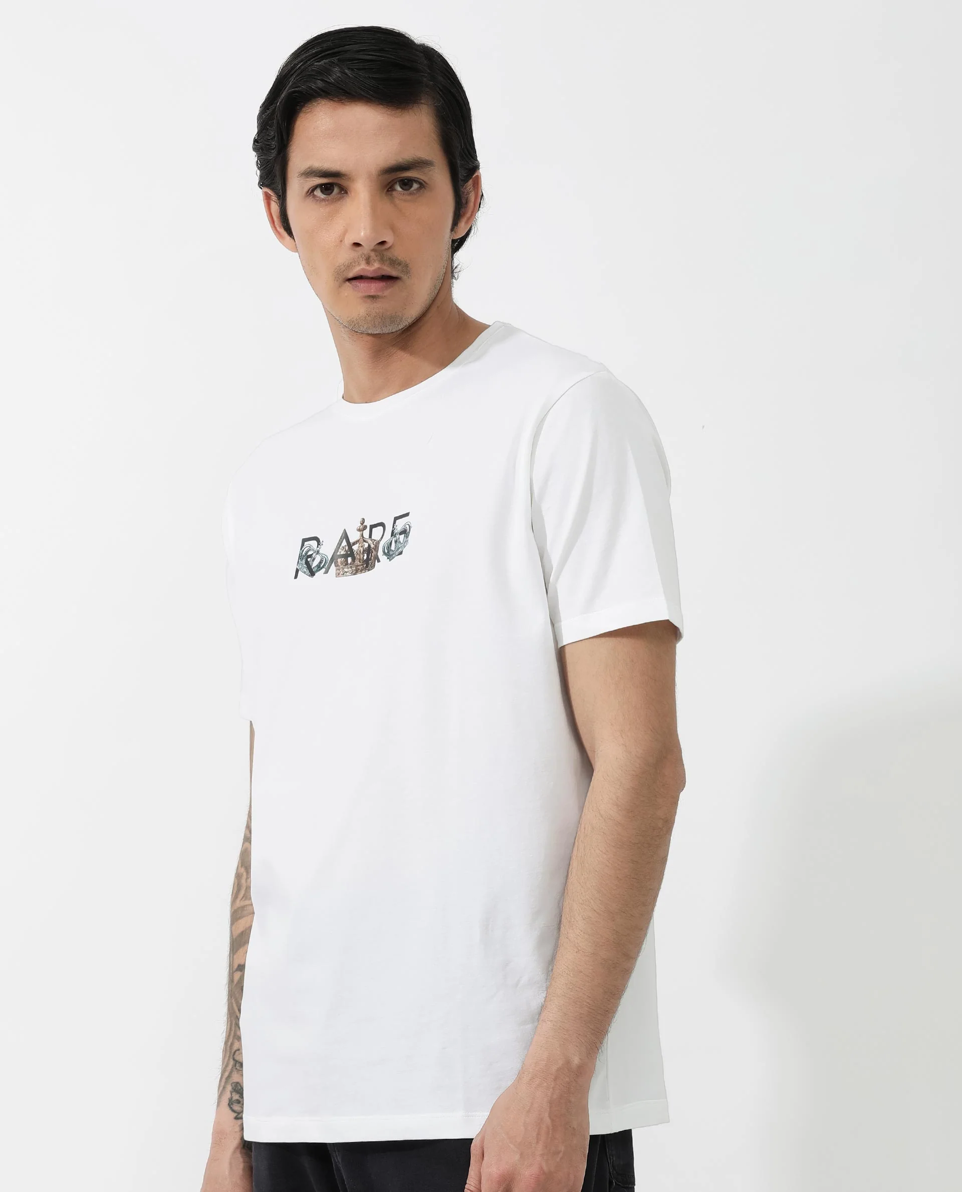 Rare Rabbit Men's Chent White Cotton Blend Graphic Print Regular Fit Half Sleeve Crew Neck T-Shirt - Image 4