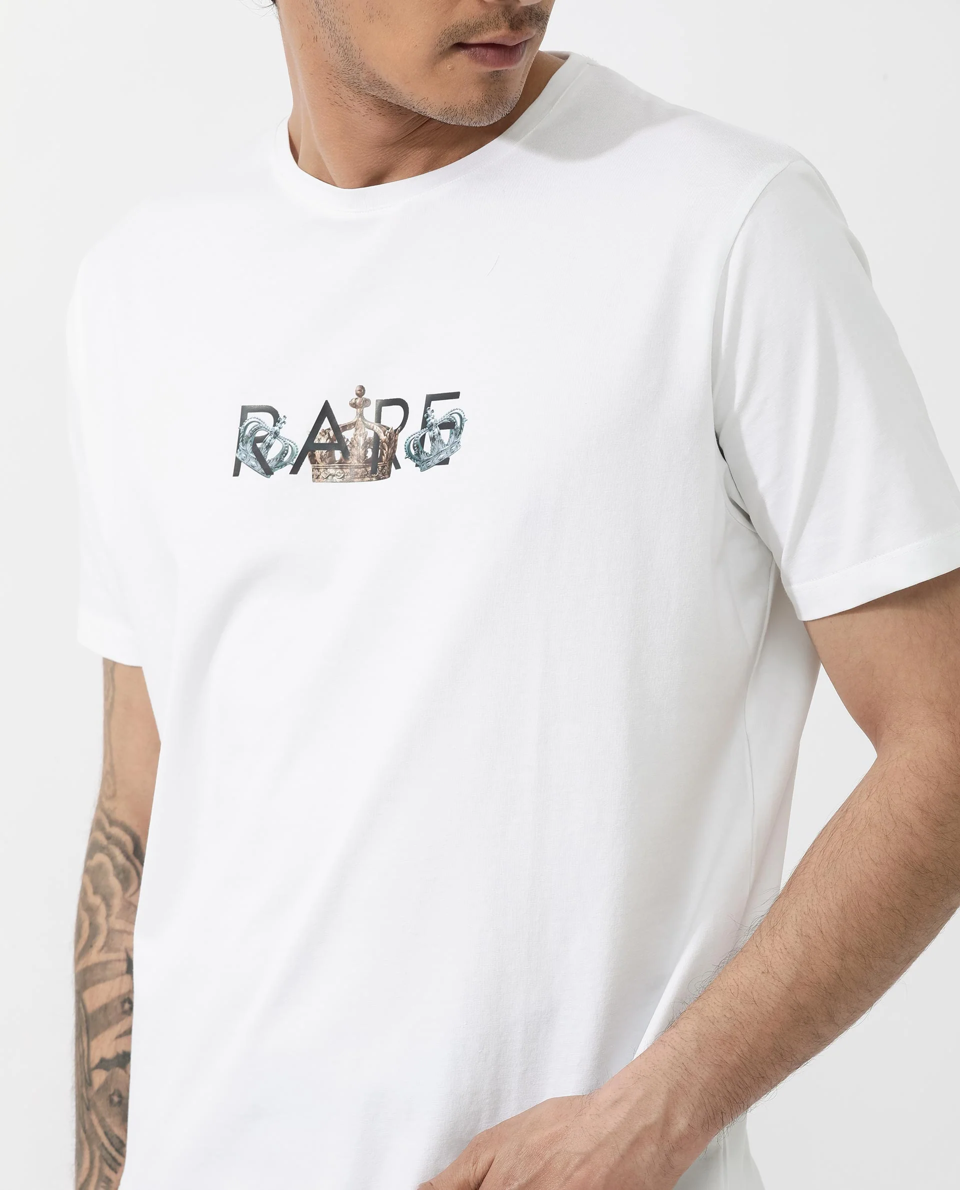 Rare Rabbit Men's Chent White Cotton Blend Graphic Print Regular Fit Half Sleeve Crew Neck T-Shirt - Image 5