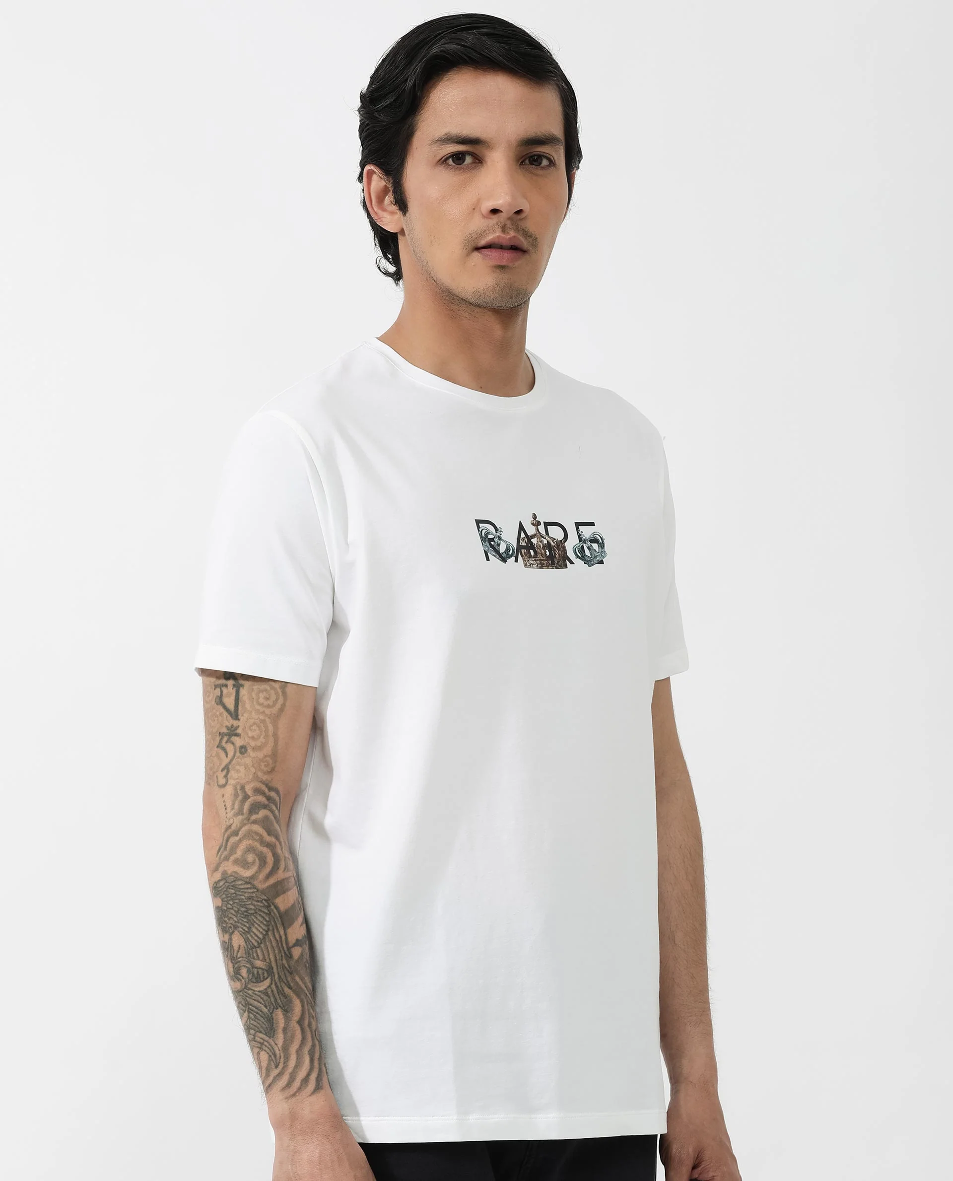 Rare Rabbit Men's Chent White Cotton Blend Graphic Print Regular Fit Half Sleeve Crew Neck T-Shirt - Image 8
