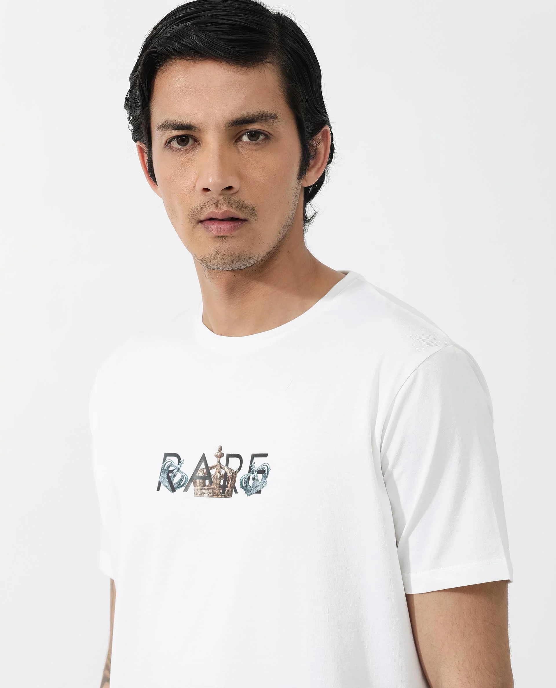 Rare Rabbit Men's Chent White Cotton Blend Graphic Print Regular Fit Half Sleeve Crew Neck T-Shirt - Image 9