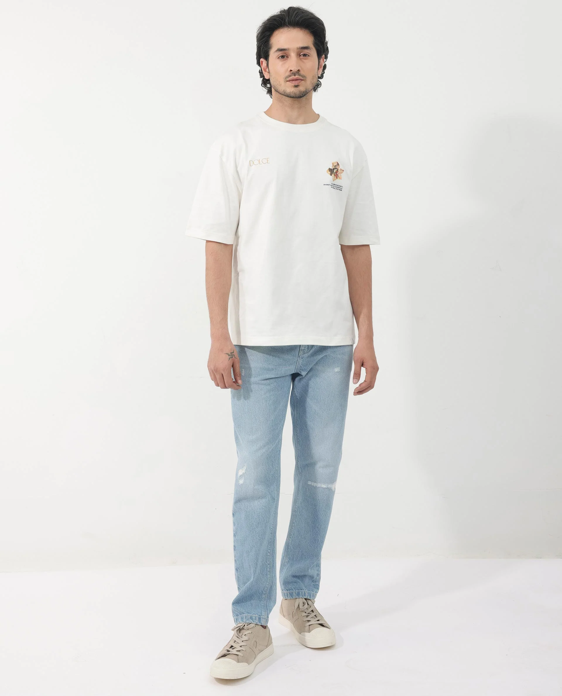 Rare Rabbit Articale Men's Cher Off White Cotton Fabric Crew Neck Oversized Fit Graphic Print T-Shirt - Image 2