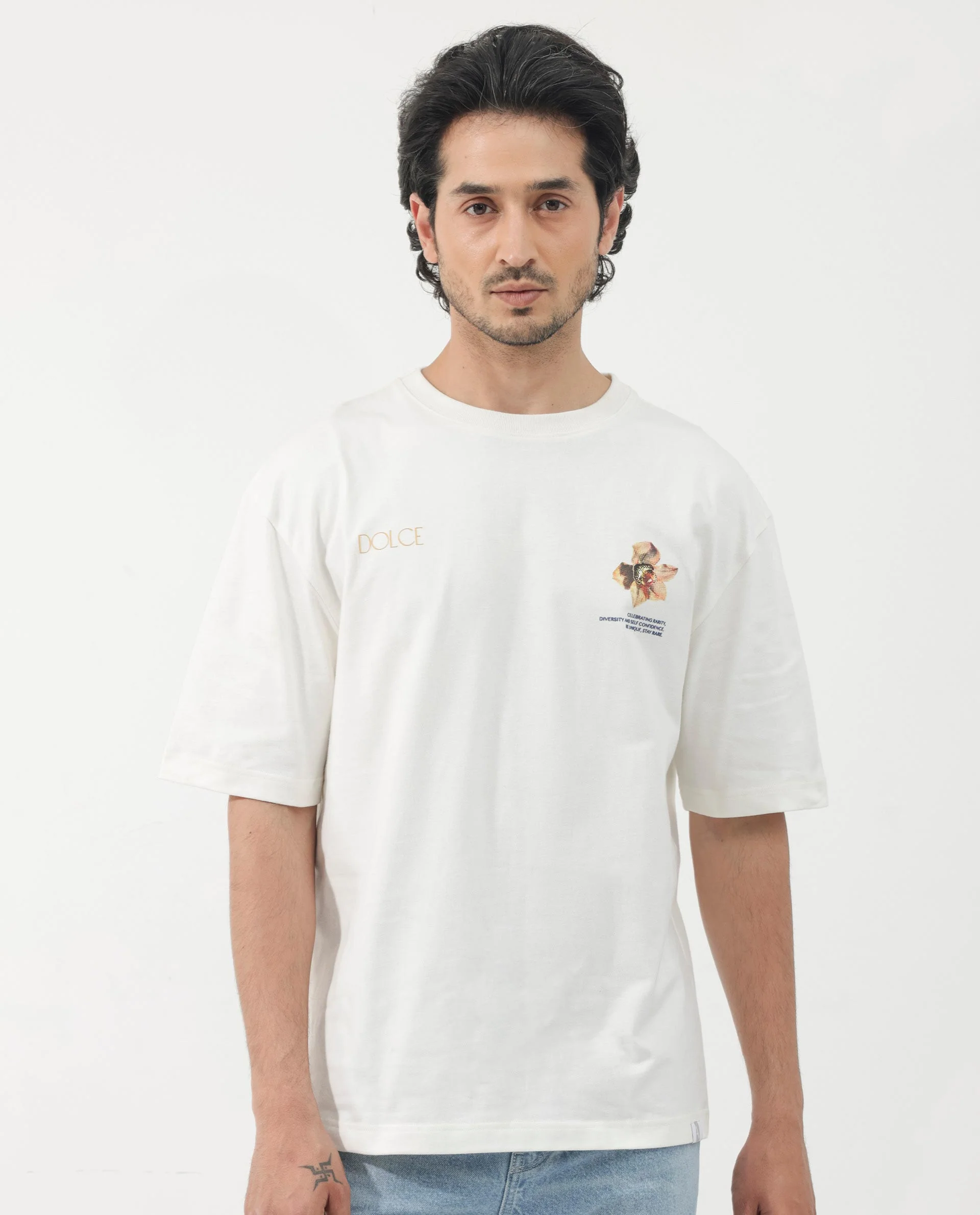 Rare Rabbit Articale Men's Cher Off White Cotton Fabric Crew Neck Oversized Fit Graphic Print T-Shirt - Image 3