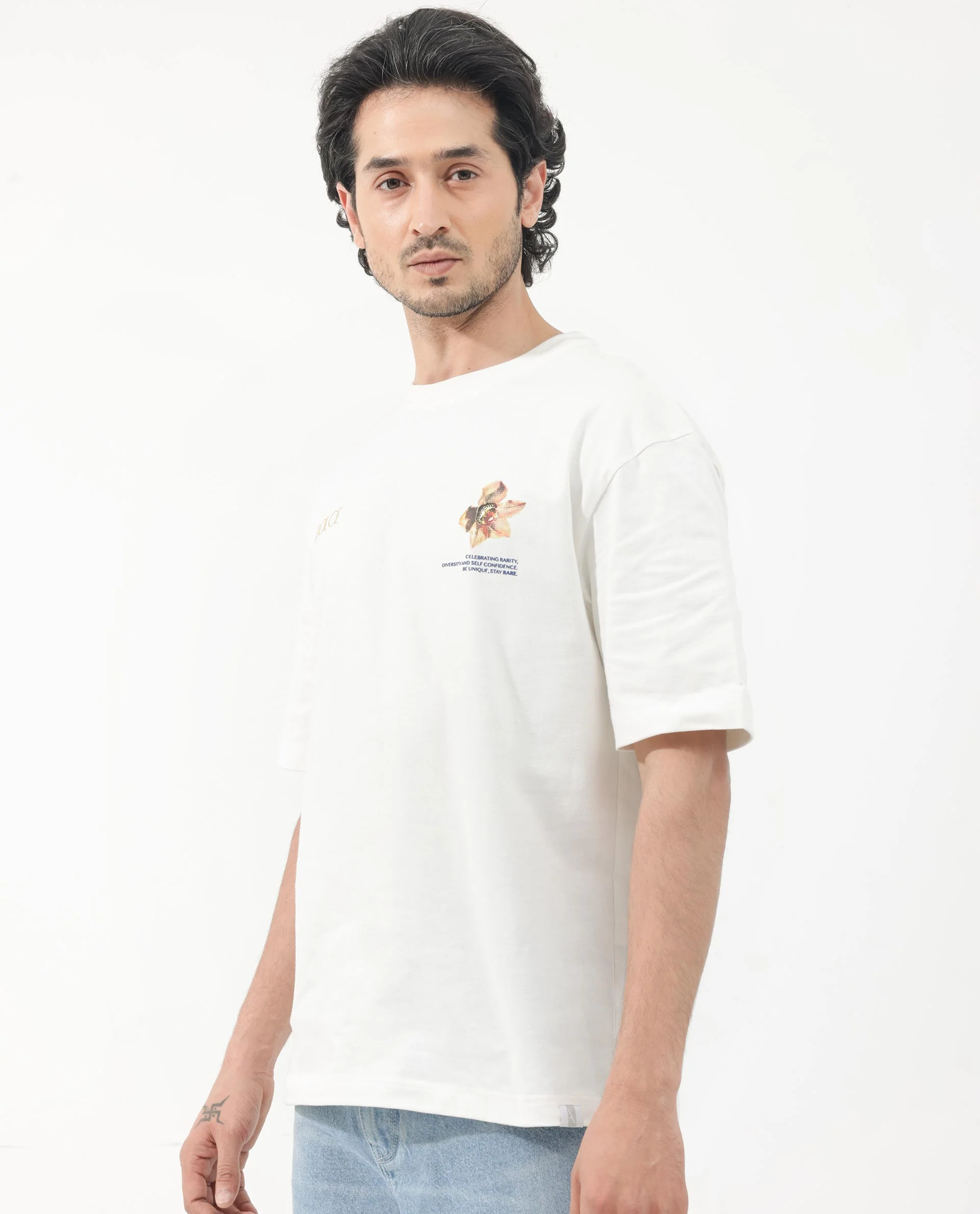 Rare Rabbit Articale Men's Cher Off White Cotton Fabric Crew Neck Oversized Fit Graphic Print T-Shirt - Image 6