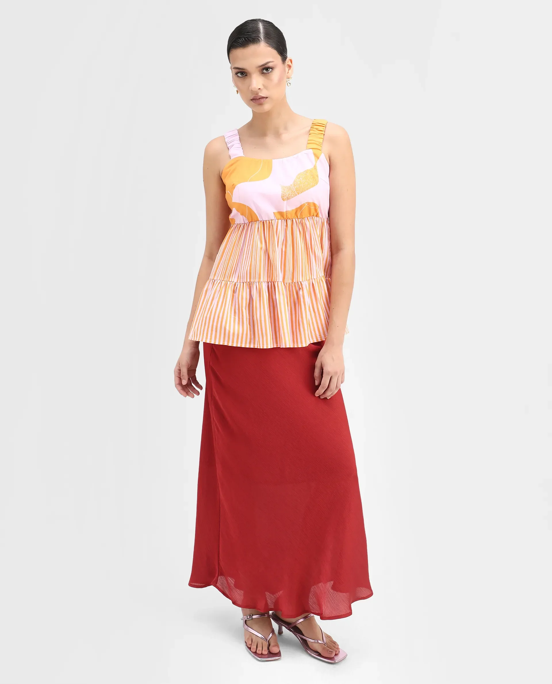 Rareism Women's Cherie Mustard Cotton Collarless Abstract Print Sleeveless Flared Top - Image 2