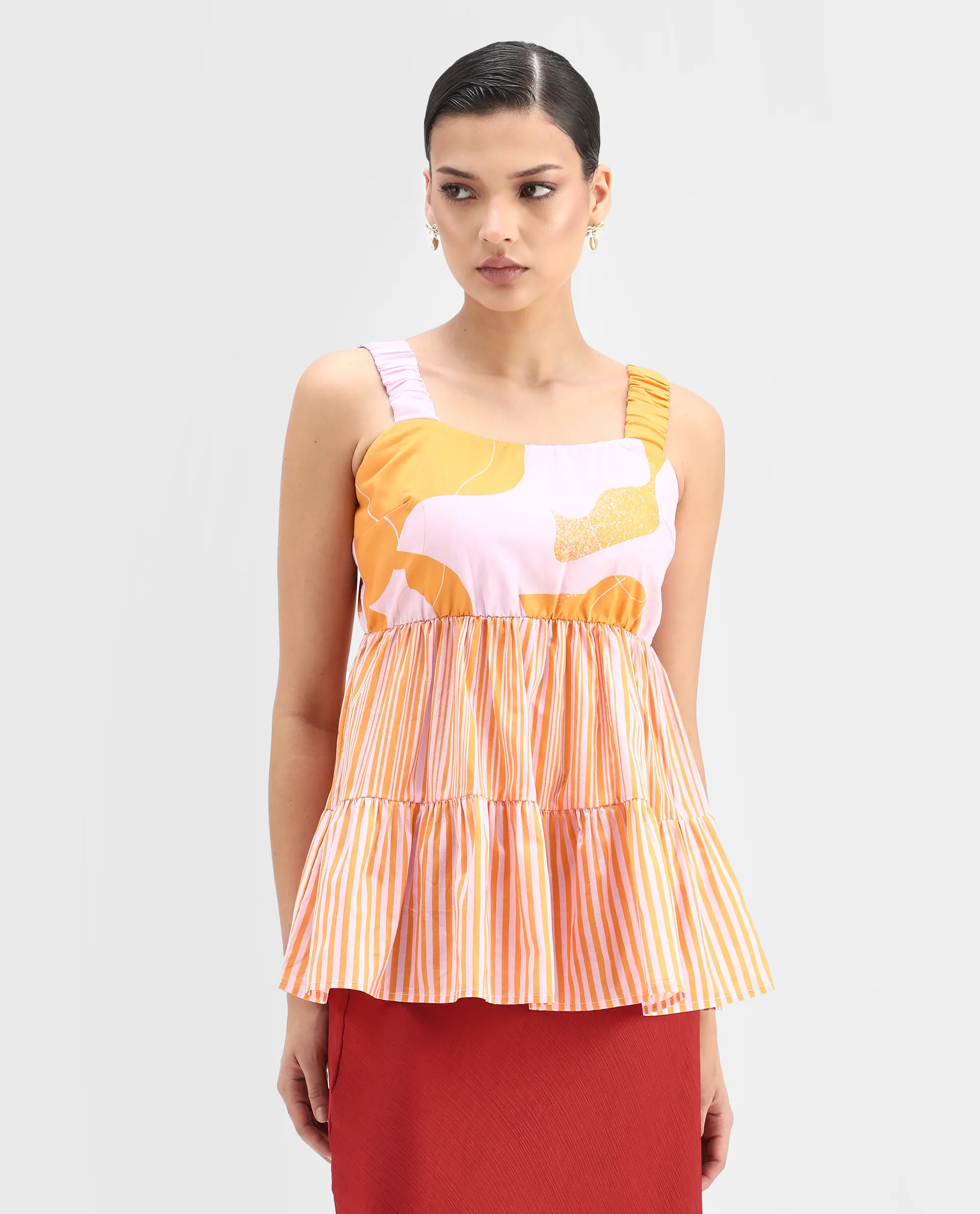 Rareism Women's Cherie Mustard Cotton Collarless Abstract Print Sleeveless Flared Top - Image 3