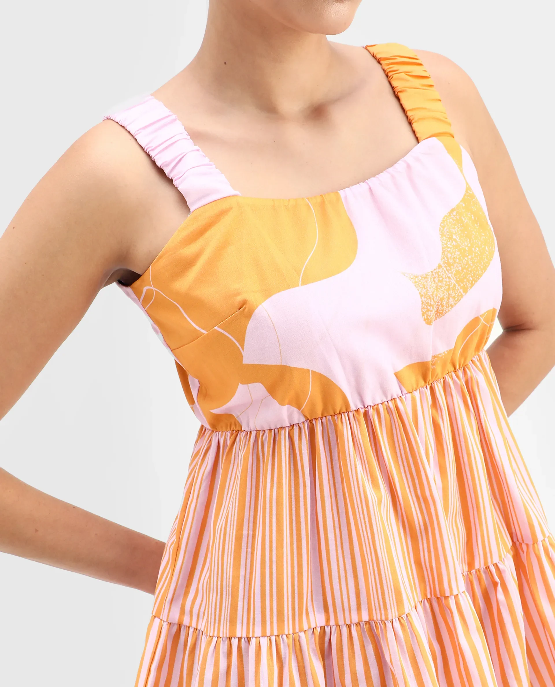 Rareism Women's Cherie Mustard Cotton Collarless Abstract Print Sleeveless Flared Top - Image 4