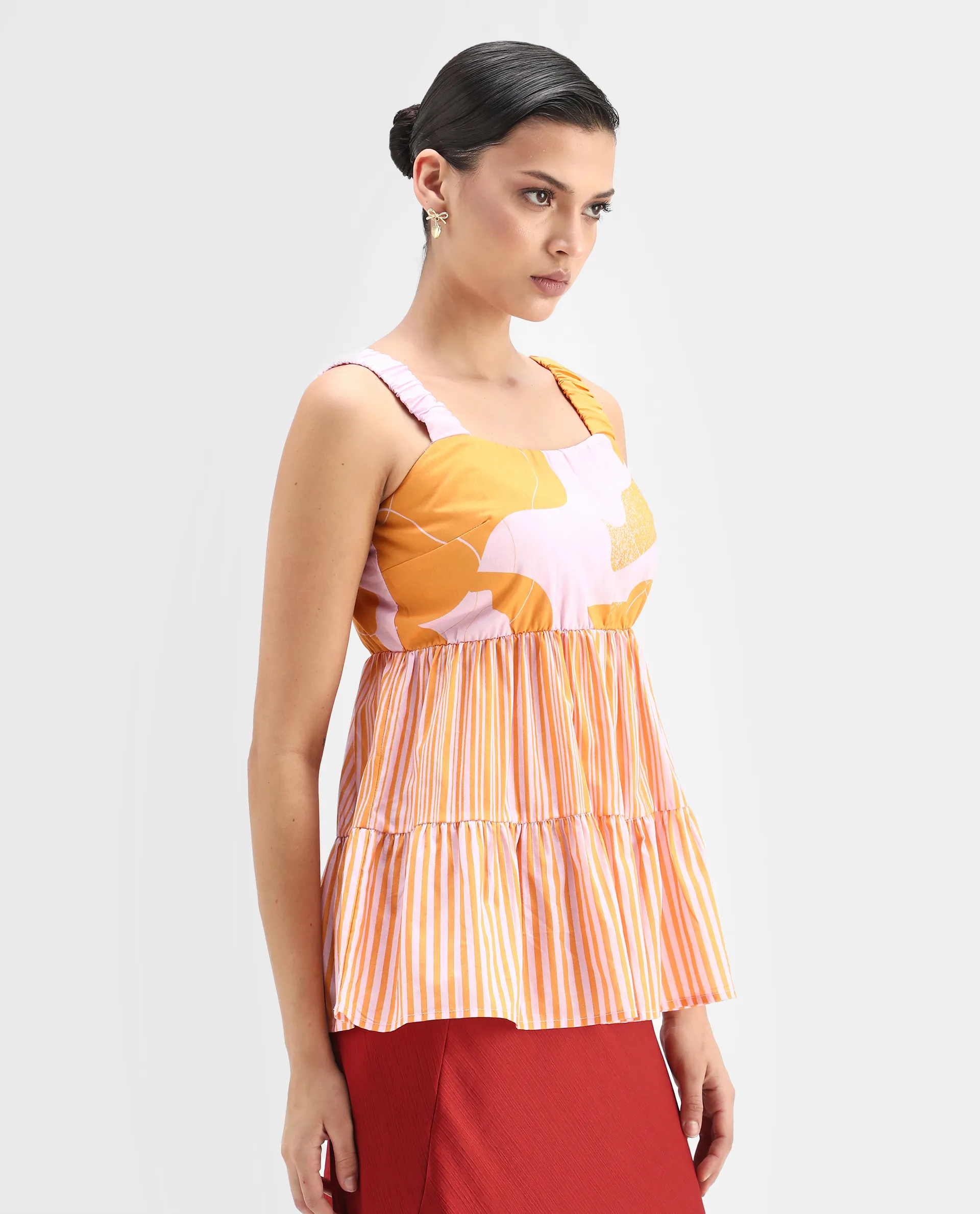 Rareism Women's Cherie Mustard Cotton Collarless Abstract Print Sleeveless Flared Top - Image 5