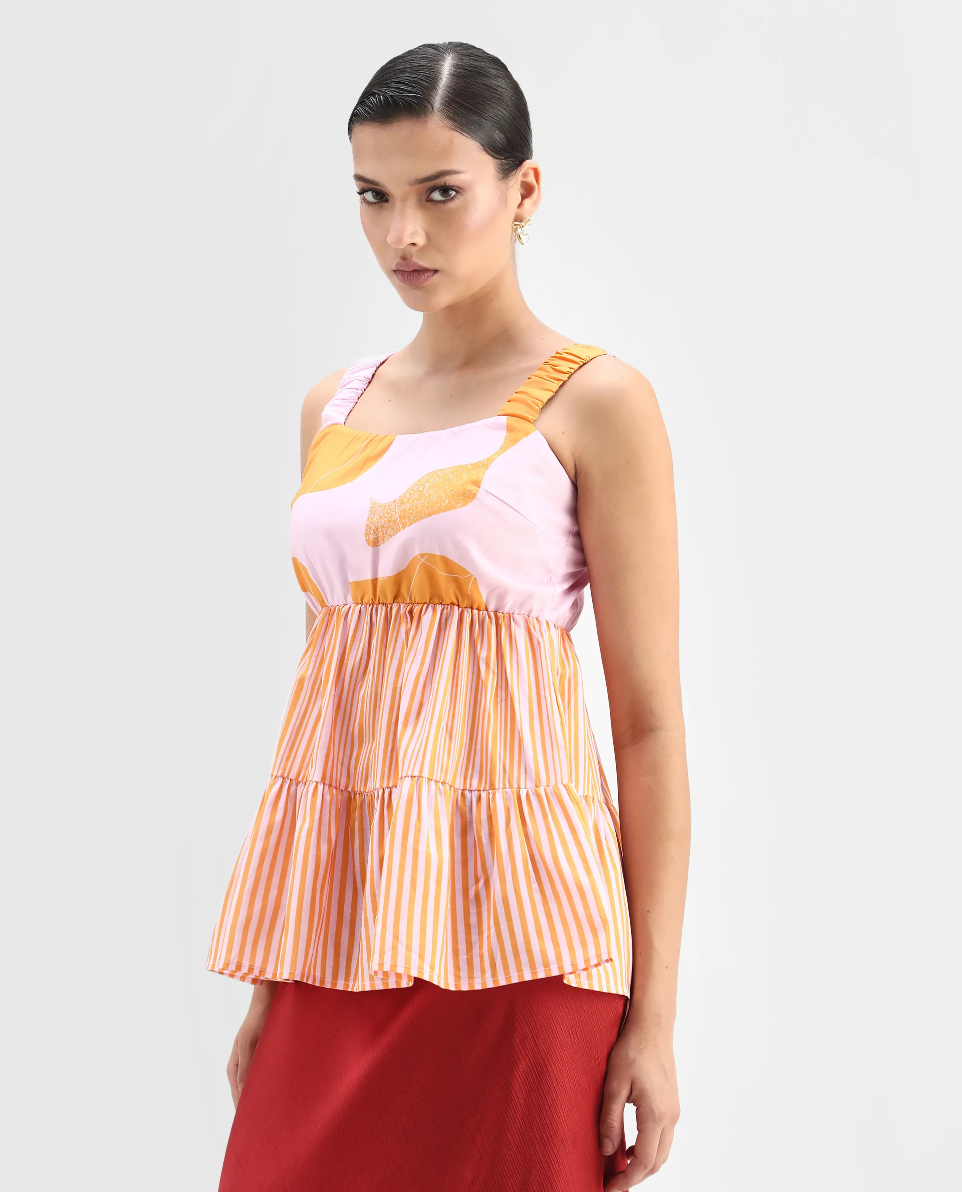 Rareism Women's Cherie Mustard Cotton Collarless Abstract Print Sleeveless Flared Top - Image 6