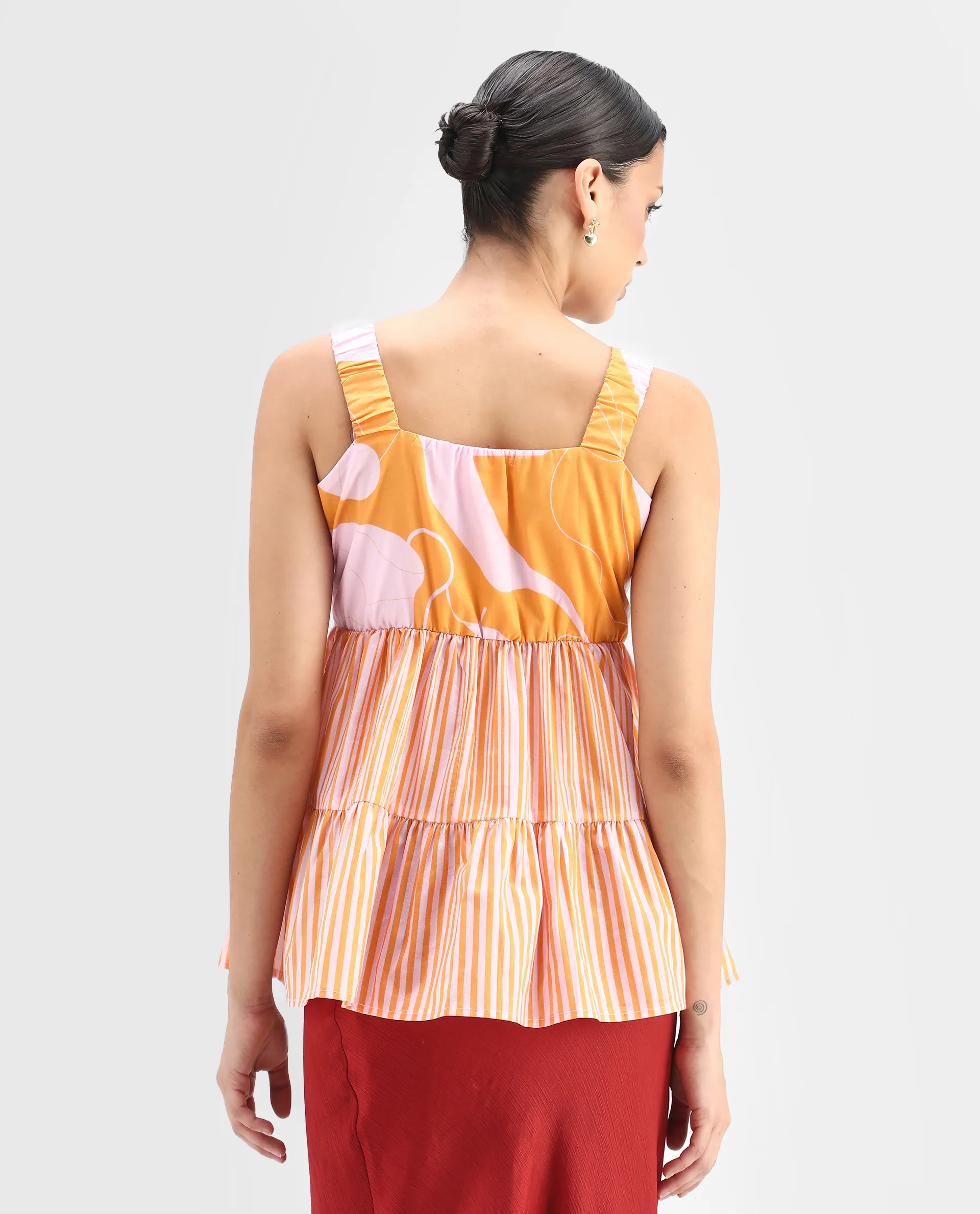 Rareism Women's Cherie Mustard Cotton Collarless Abstract Print Sleeveless Flared Top - Image 7