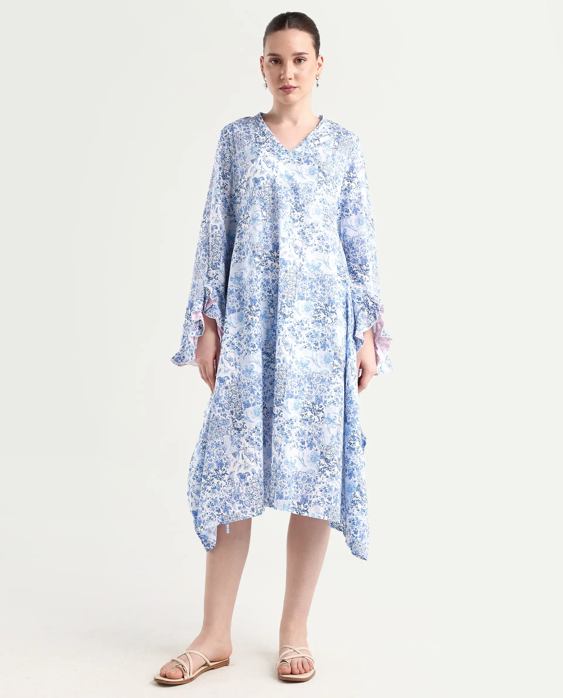 Rareism Women's Cherish Blue Cotton V-Neck Floral Print Knee Length Regular Fit Dress - Image 2