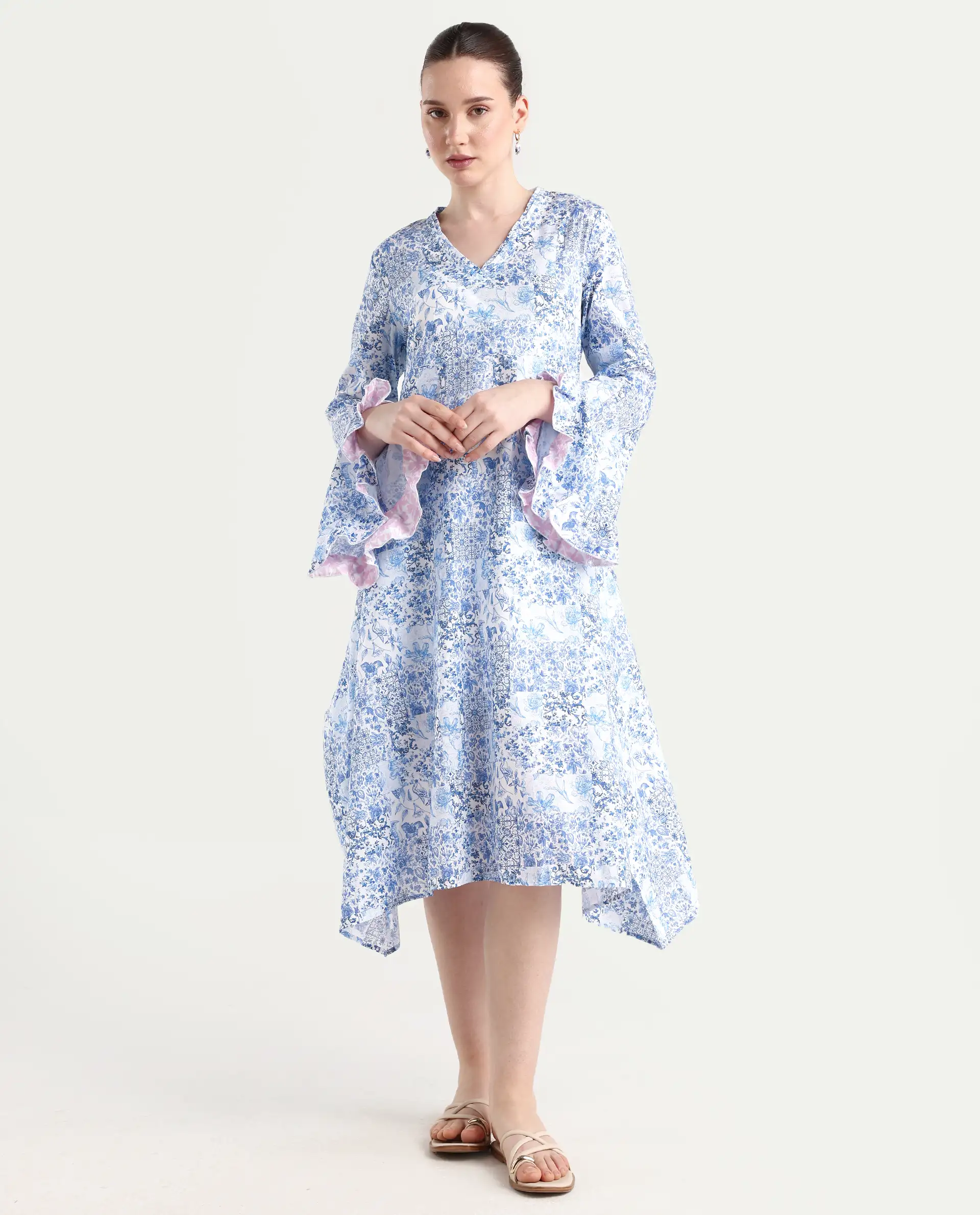 Rareism Women's Cherish Blue Cotton V-Neck Floral Print Knee Length Regular Fit Dress - Image 3