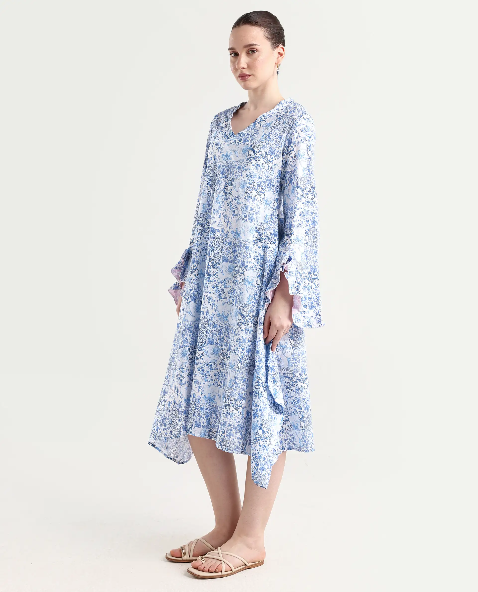 Rareism Women's Cherish Blue Cotton V-Neck Floral Print Knee Length Regular Fit Dress - Image 5