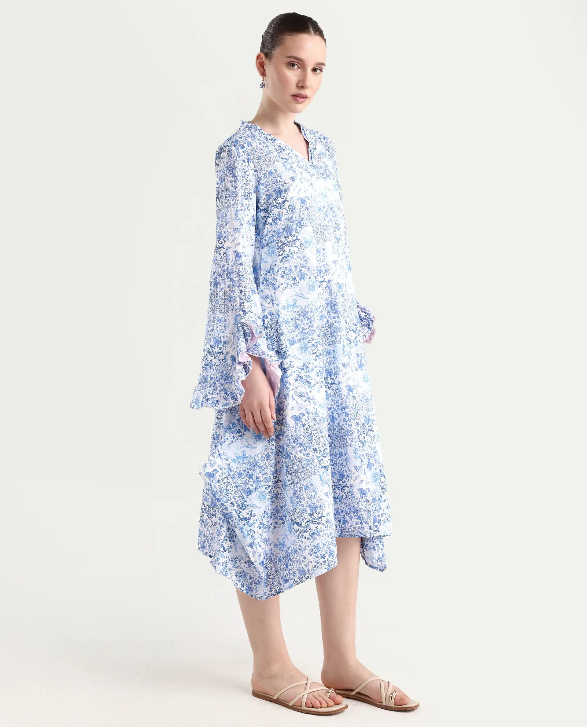 Rareism Women's Cherish Blue Cotton V-Neck Floral Print Knee Length Regular Fit Dress - Image 6