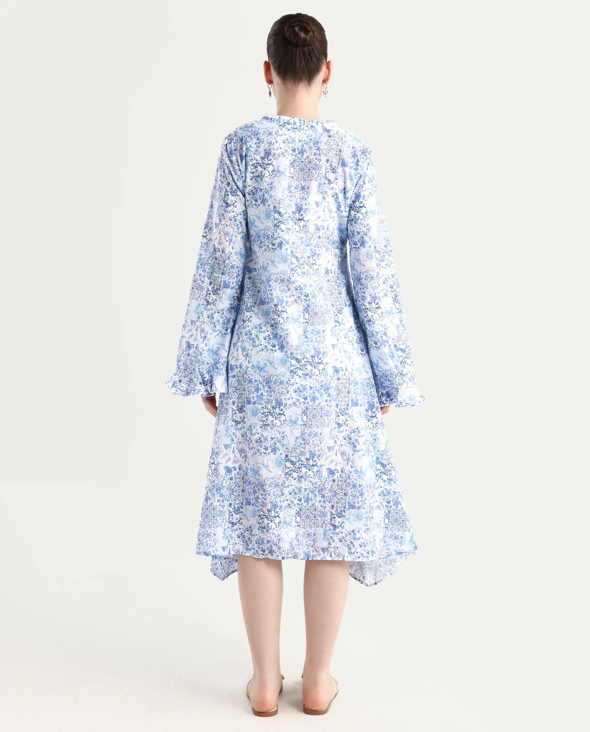 Rareism Women's Cherish Blue Cotton V-Neck Floral Print Knee Length Regular Fit Dress - Image 7