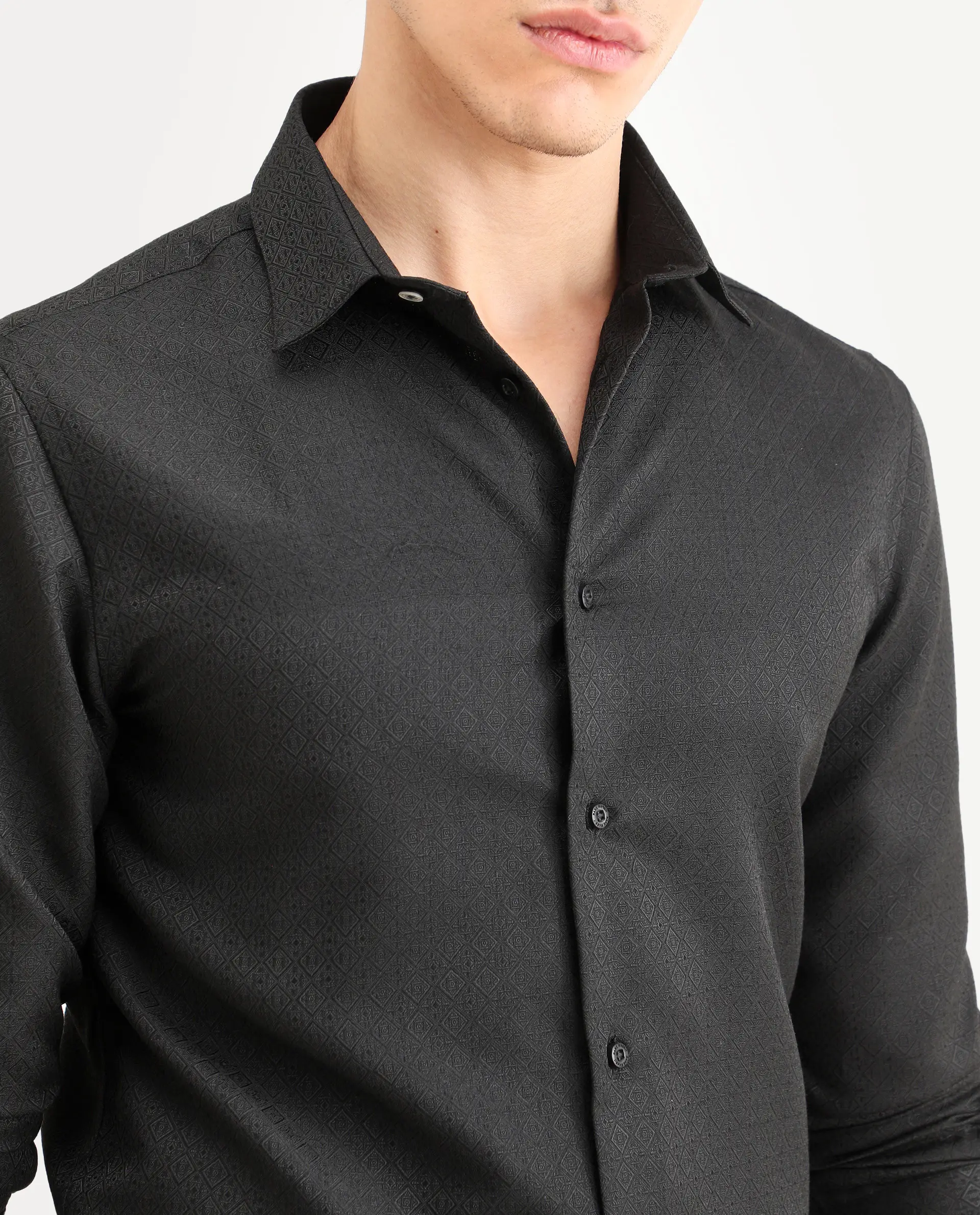 Rare Rabbit Men's Cherny Black Polyester Blend Fabric Full Sleeve Spread Collar Regular Fit Jcaquard Shirt - Image 3
