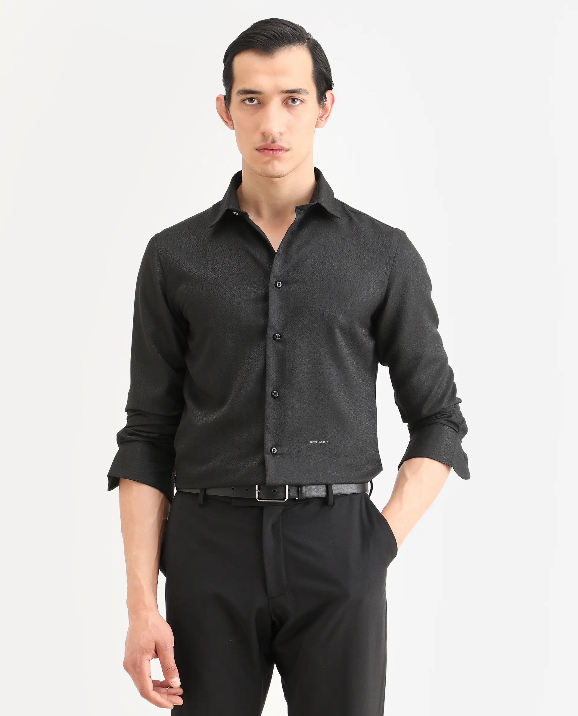 Rare Rabbit Men's Cherny Black Polyester Blend Fabric Full Sleeve Spread Collar Regular Fit Jcaquard Shirt - Image 4