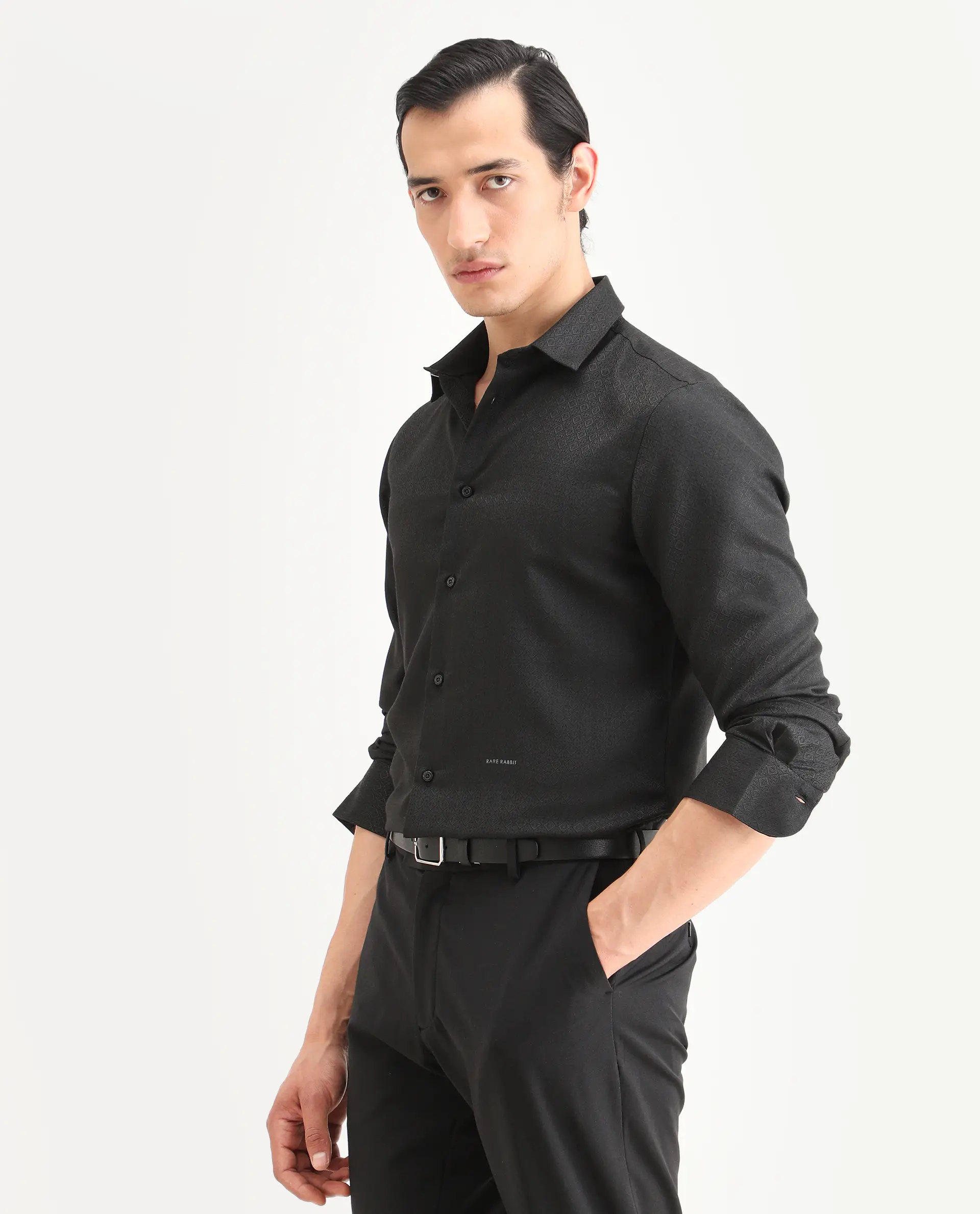Rare Rabbit Men's Cherny Black Polyester Blend Fabric Full Sleeve Spread Collar Regular Fit Jcaquard Shirt - Image 5