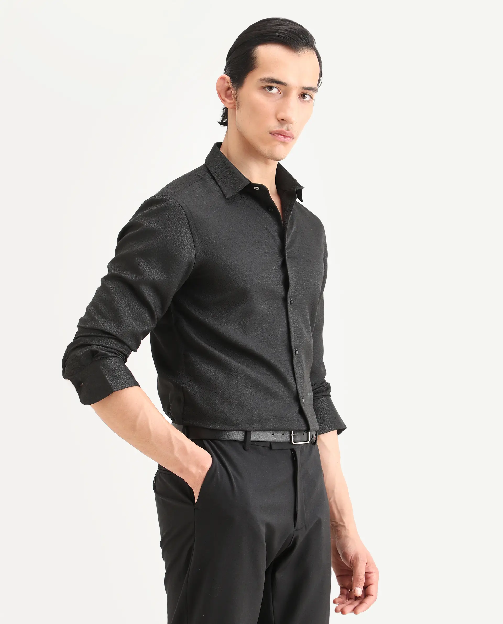 Rare Rabbit Men's Cherny Black Polyester Blend Fabric Full Sleeve Spread Collar Regular Fit Jcaquard Shirt - Image 6
