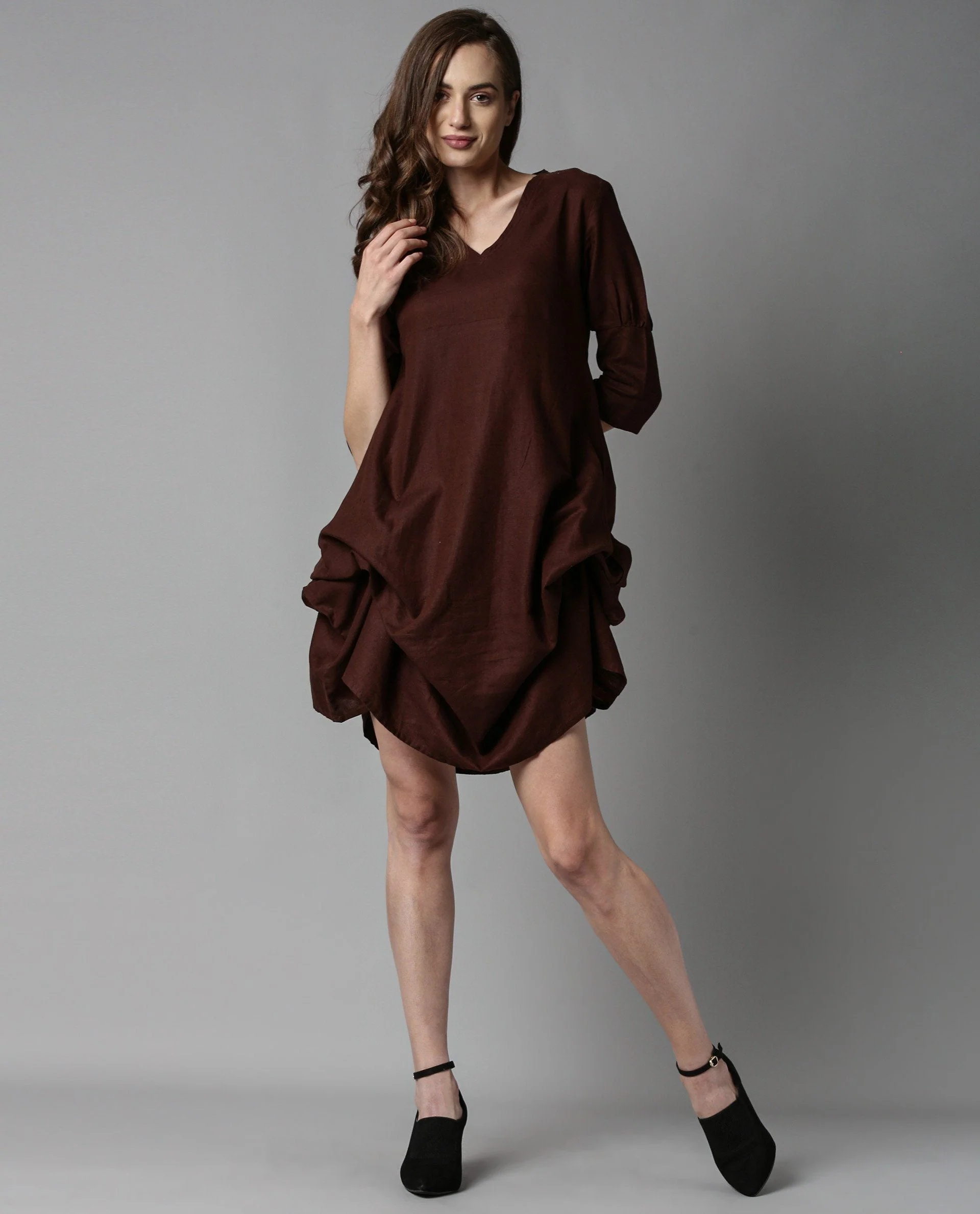 Rareism Womens Cherry Brown Dress Cotton Linen Fabric 3/4 Sleeve V Neck