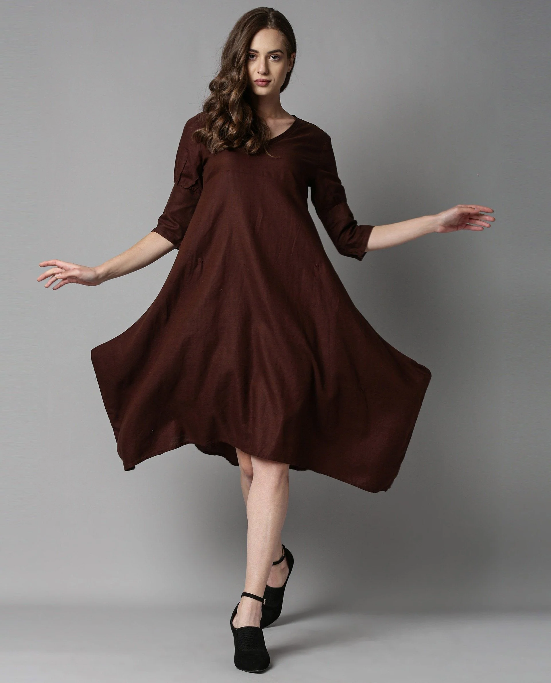 Rareism Womens Cherry Brown Dress Cotton Linen Fabric 3/4 Sleeve V Neck - Image 2