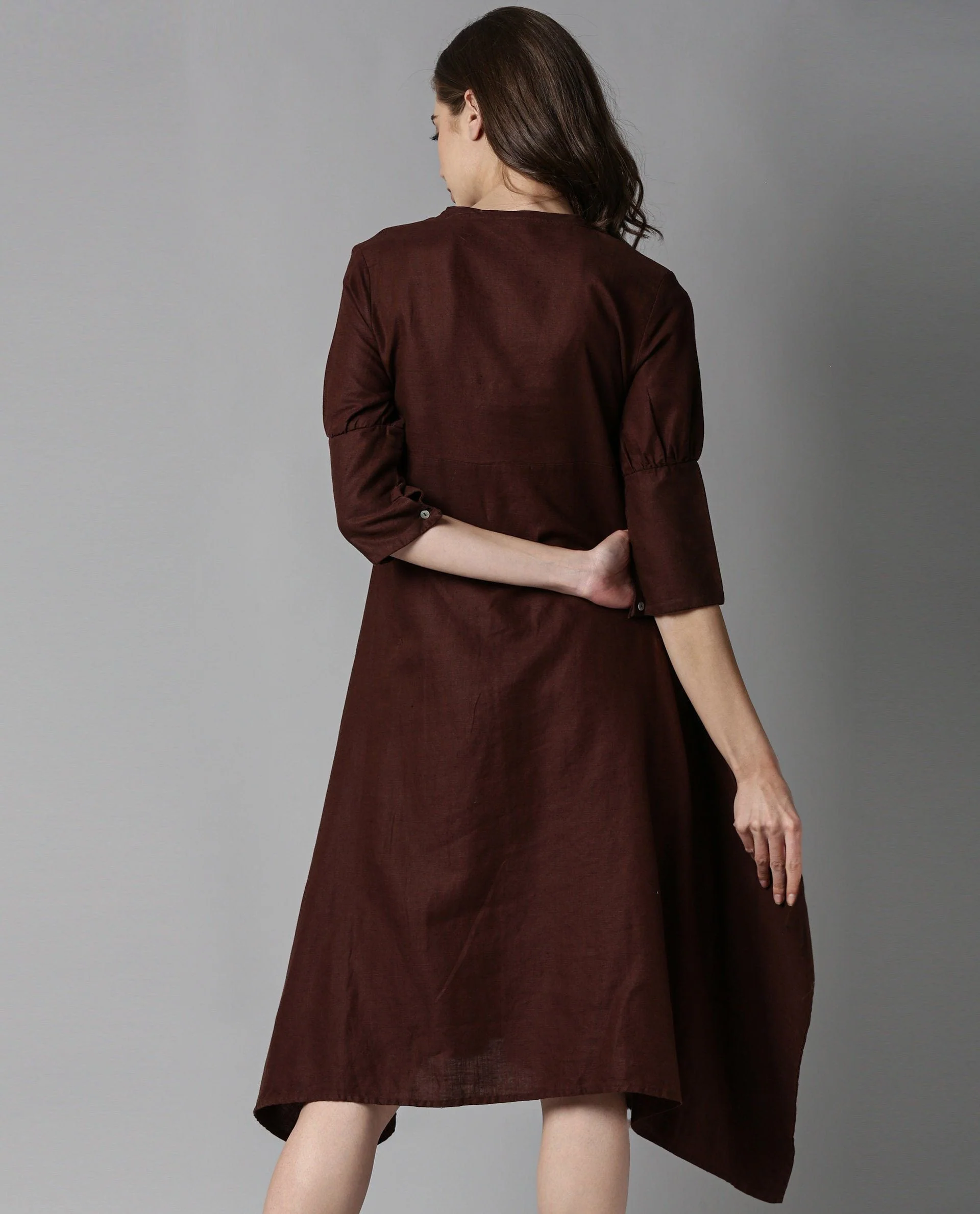 Rareism Womens Cherry Brown Dress Cotton Linen Fabric 3/4 Sleeve V Neck - Image 4