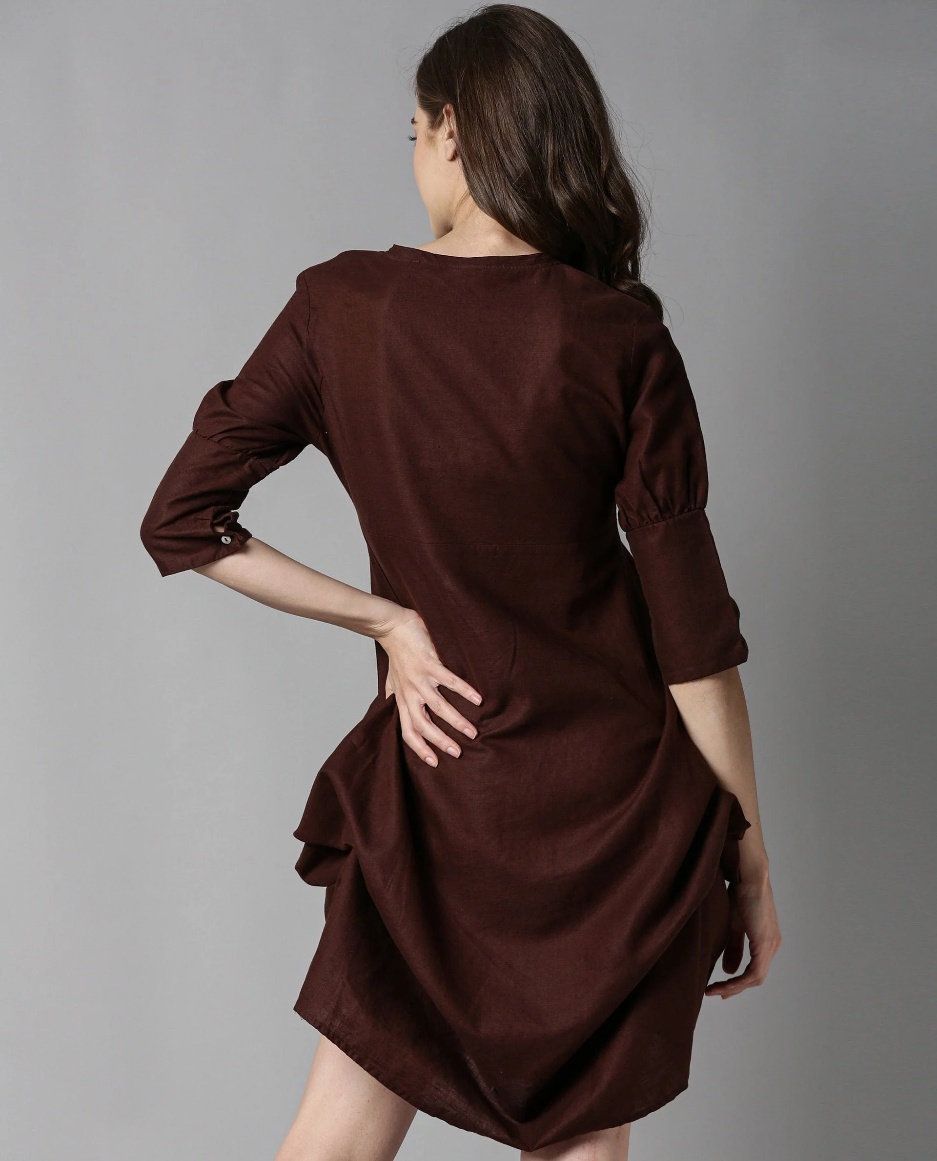 Rareism Womens Cherry Brown Dress Cotton Linen Fabric 3/4 Sleeve V Neck - Image 5