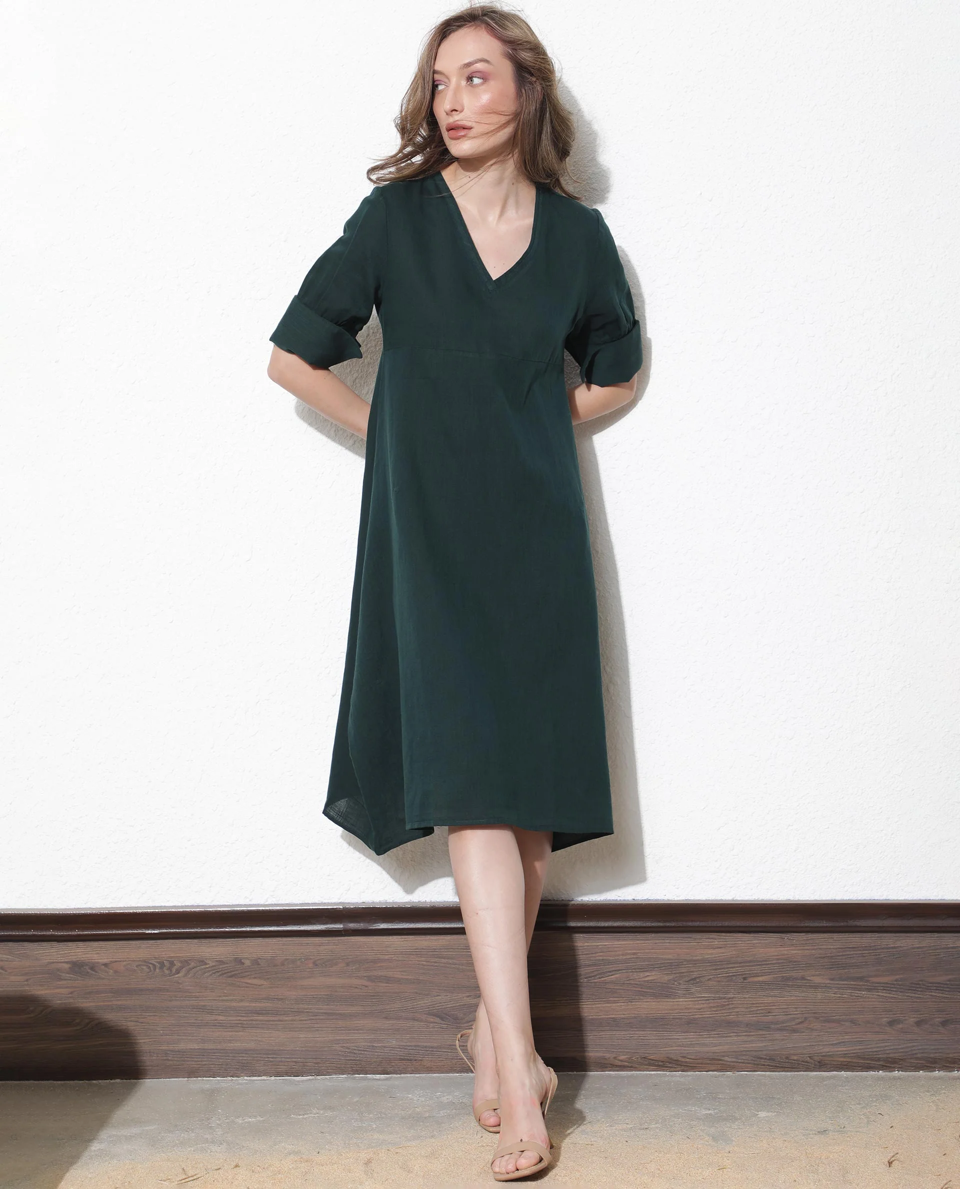Rareism Women's Cherry Green Cotton V-Neck Plain Extended Sleeves Knee Length Relaxed Fit Dress