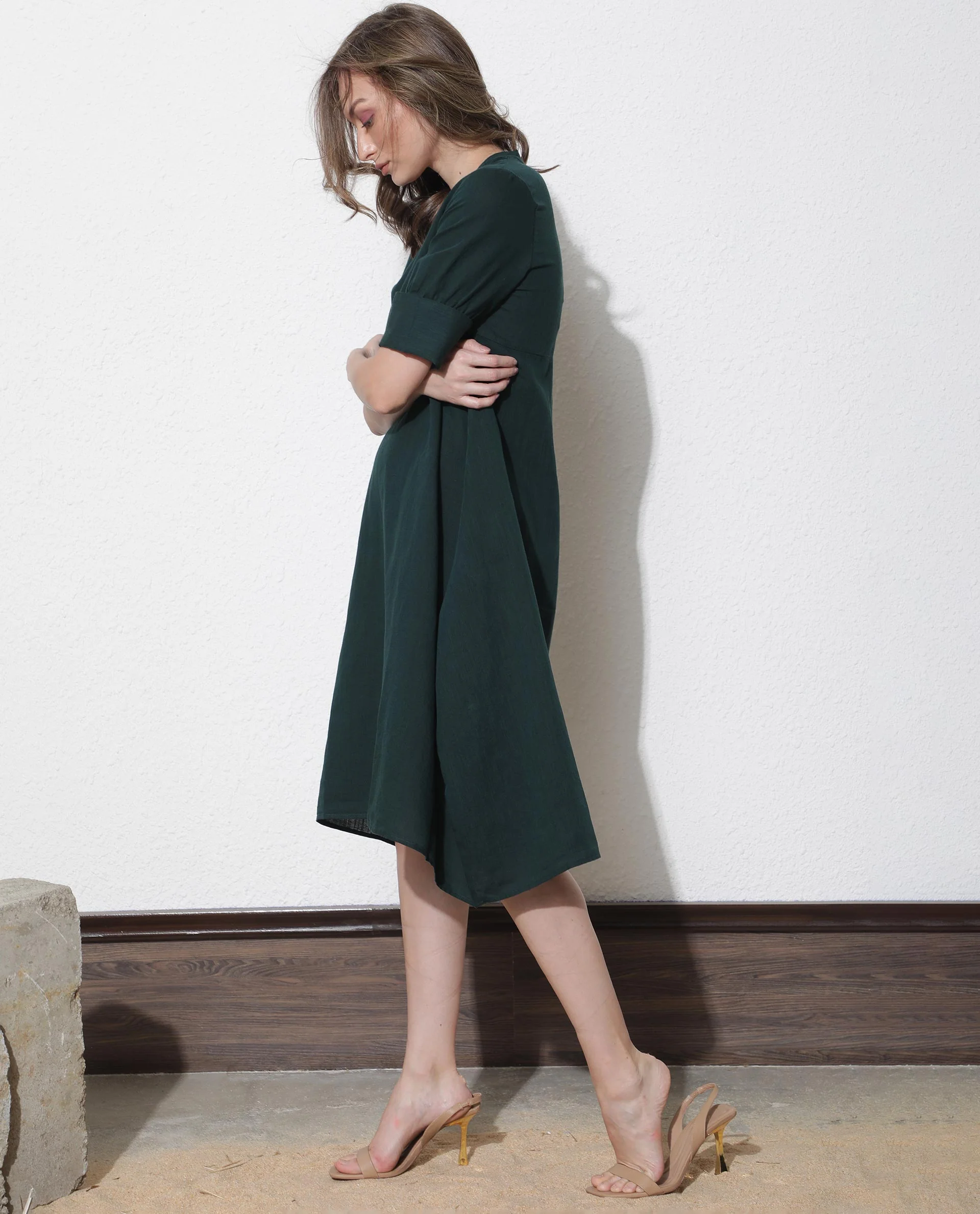 Rareism Women's Cherry Green Cotton V-Neck Plain Extended Sleeves Knee Length Relaxed Fit Dress - Image 10