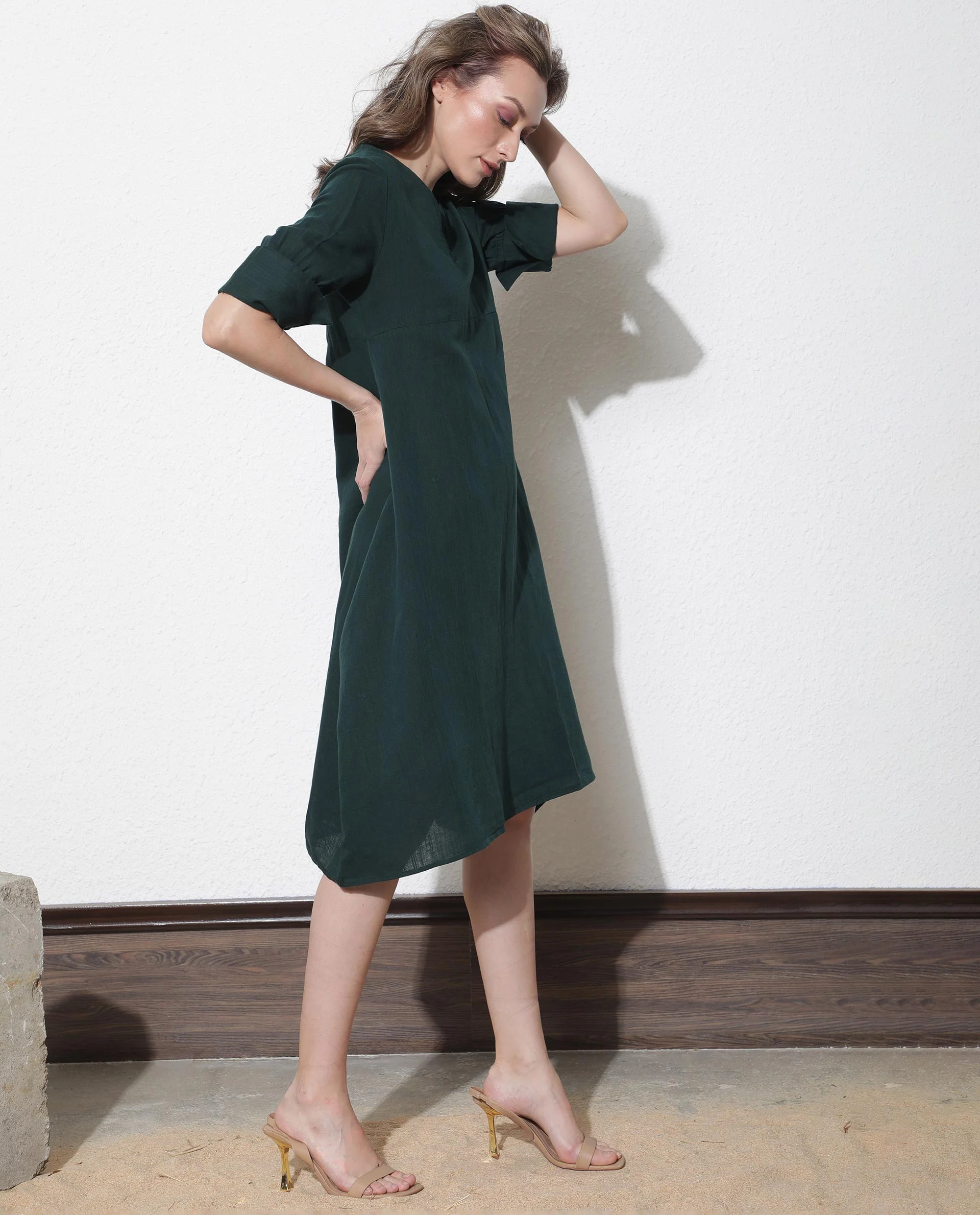 Rareism Women's Cherry Green Cotton V-Neck Plain Extended Sleeves Knee Length Relaxed Fit Dress - Image 11