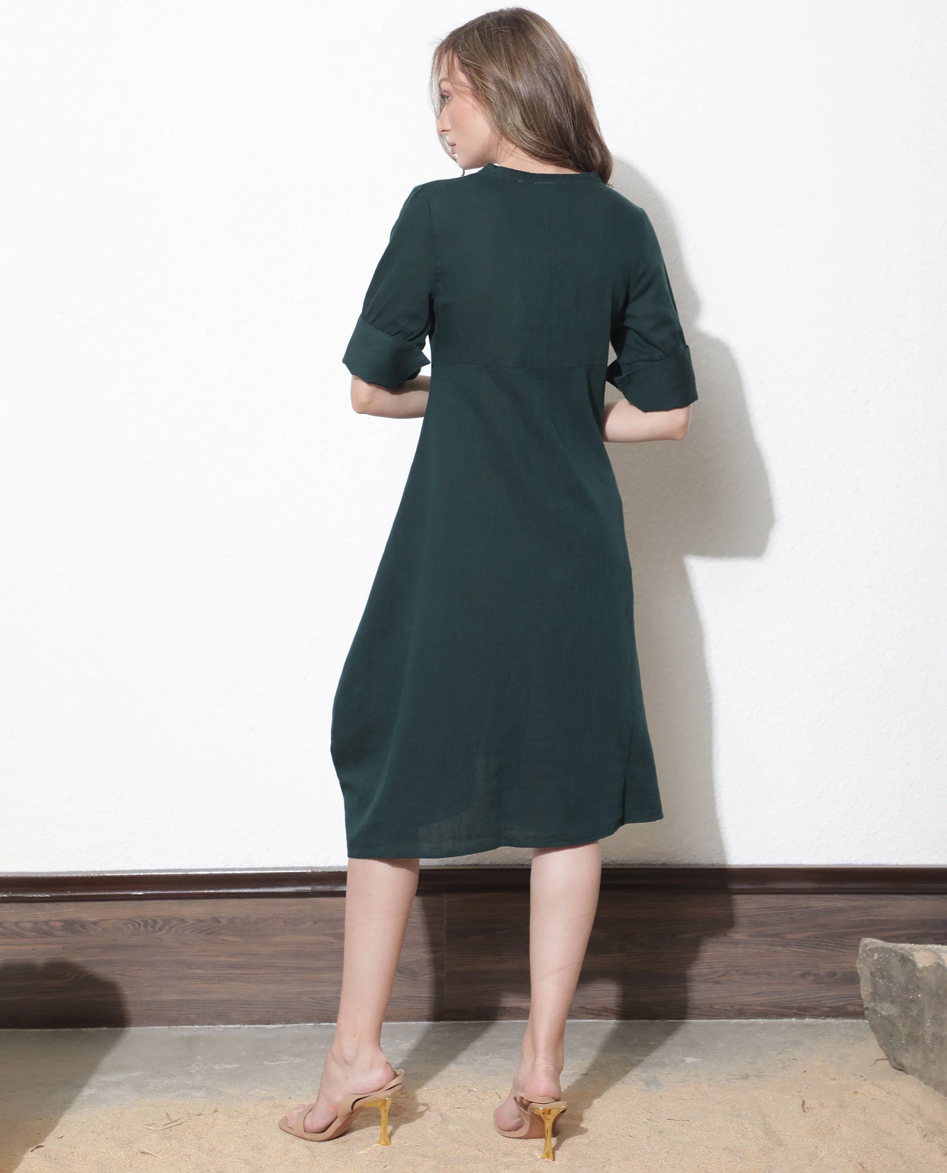 Rareism Women's Cherry Green Cotton V-Neck Plain Extended Sleeves Knee Length Relaxed Fit Dress - Image 12