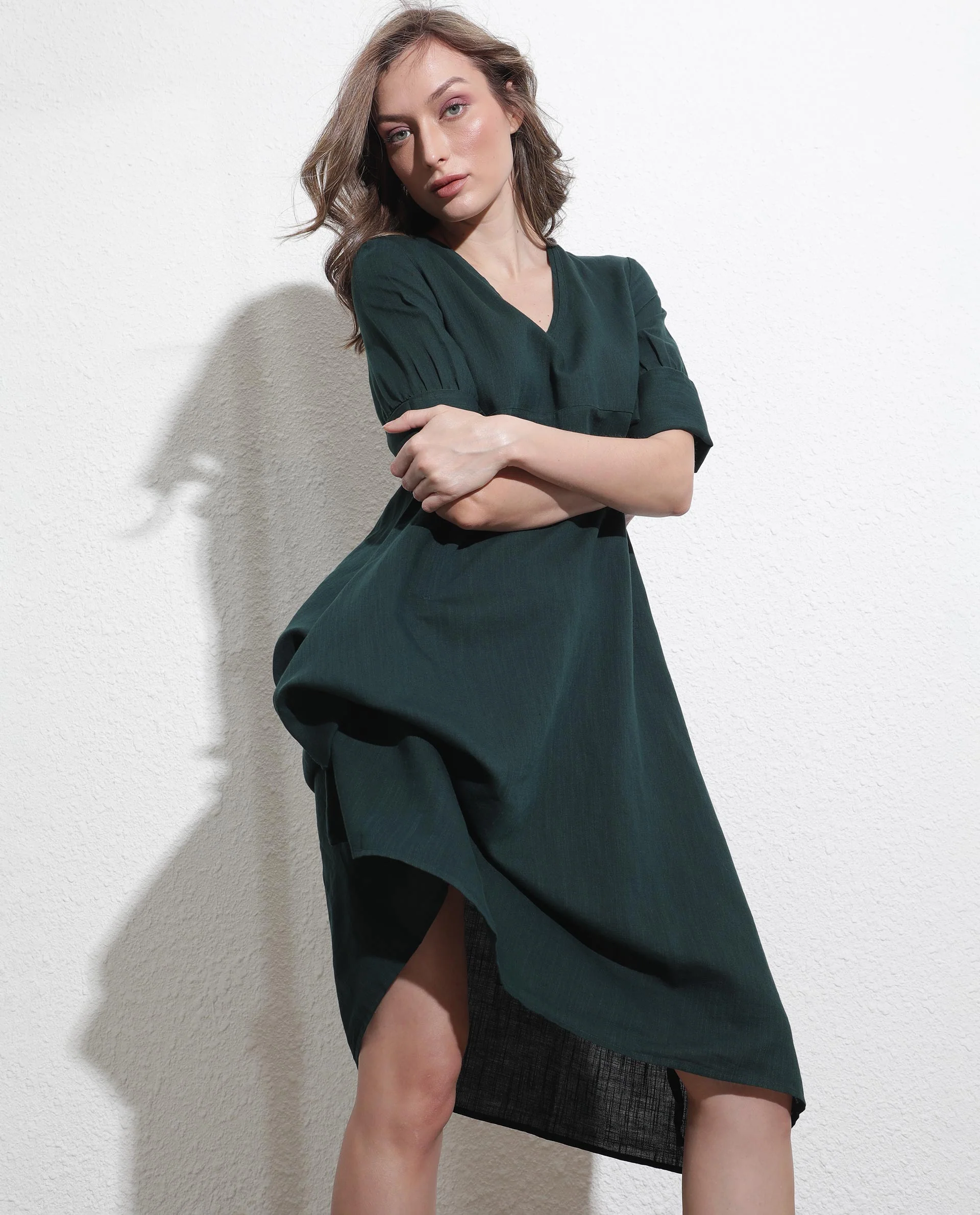 Rareism Women's Cherry Green Cotton V-Neck Plain Extended Sleeves Knee Length Relaxed Fit Dress - Image 4
