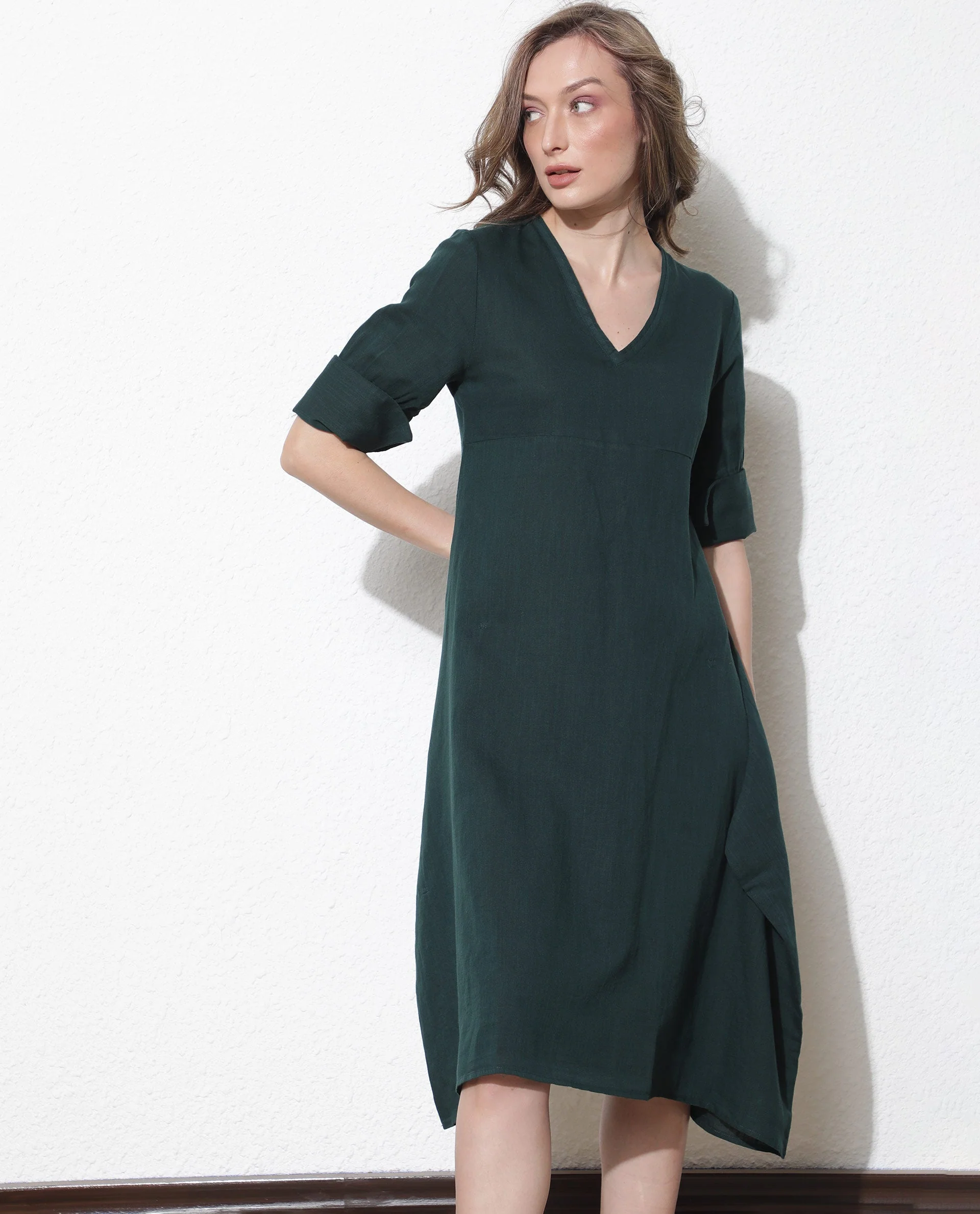 Rareism Women's Cherry Green Cotton V-Neck Plain Extended Sleeves Knee Length Relaxed Fit Dress - Image 5
