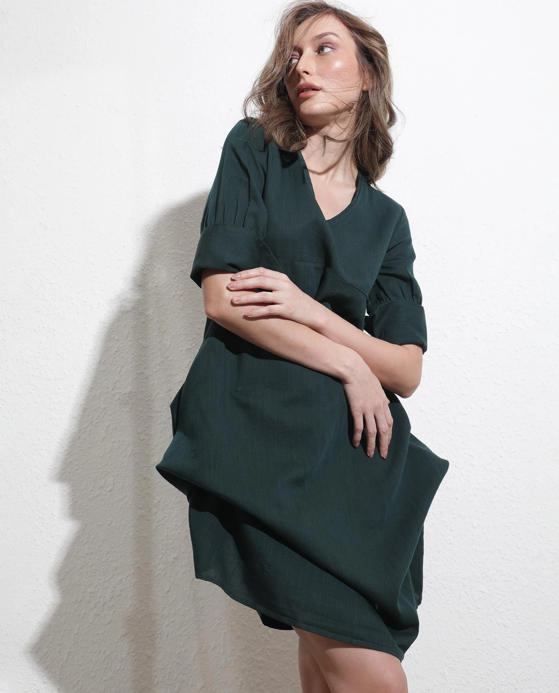 Rareism Women's Cherry Green Cotton V-Neck Plain Extended Sleeves Knee Length Relaxed Fit Dress - Image 6