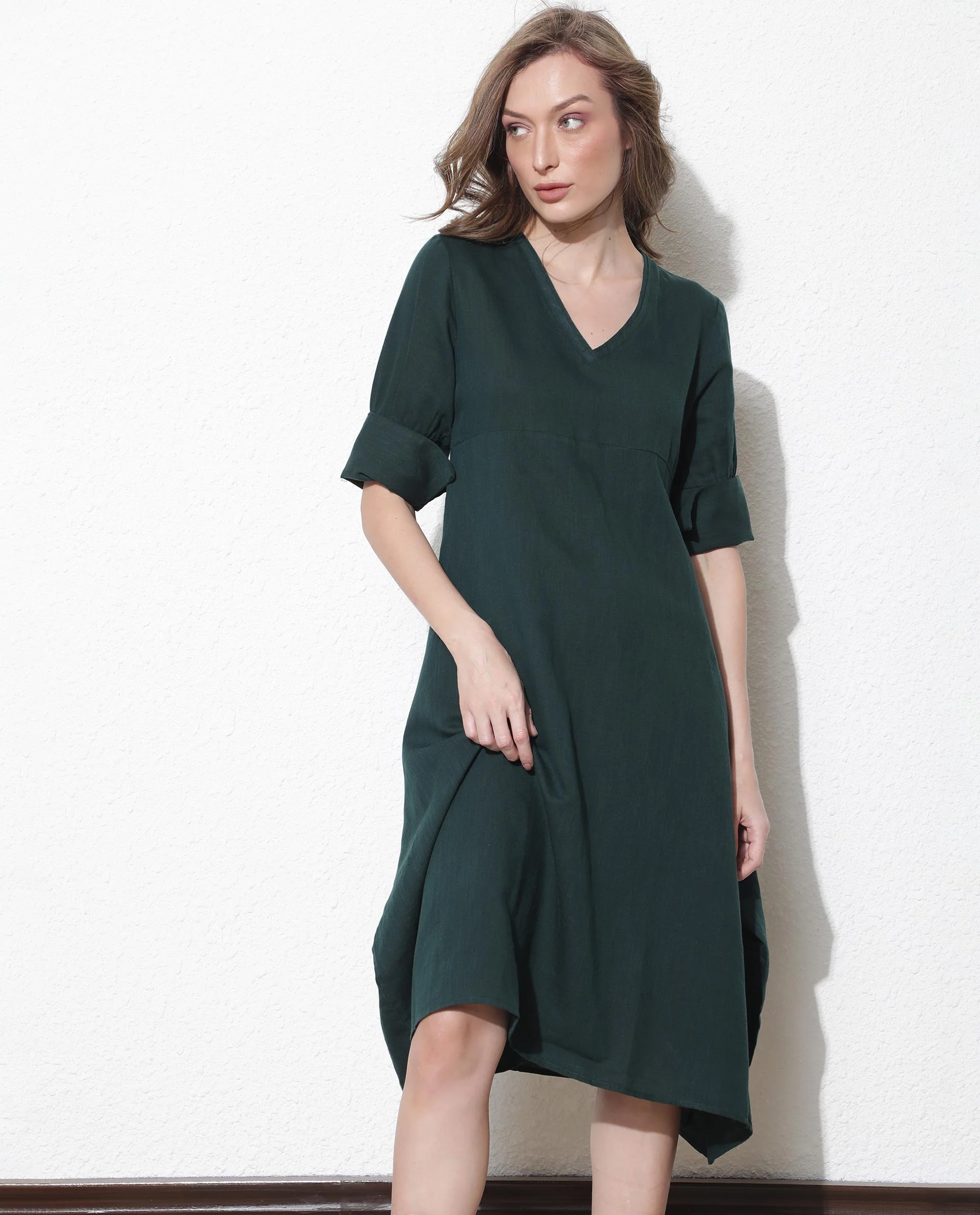 Rareism Women's Cherry Green Cotton V-Neck Plain Extended Sleeves Knee Length Relaxed Fit Dress - Image 8