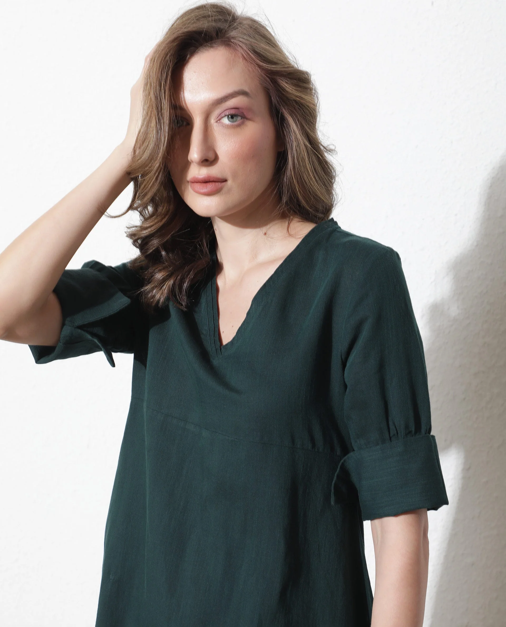 Rareism Women's Cherry Green Cotton V-Neck Plain Extended Sleeves Knee Length Relaxed Fit Dress - Image 9
