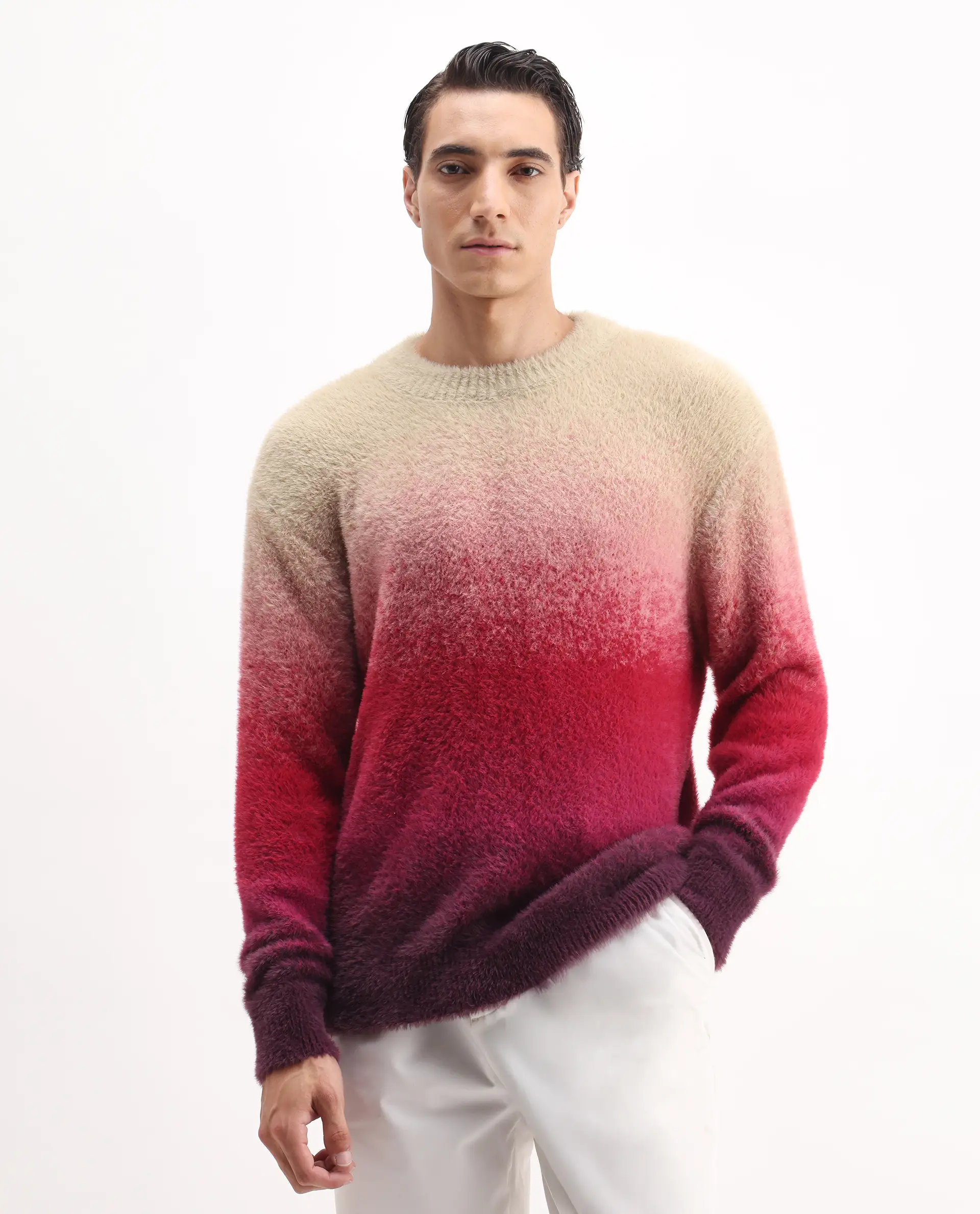 Rare Rabbit Men's Cherv Red Nylon Ombre Regular Fit Full Sleeve Crew Neck Sweater - Image 5