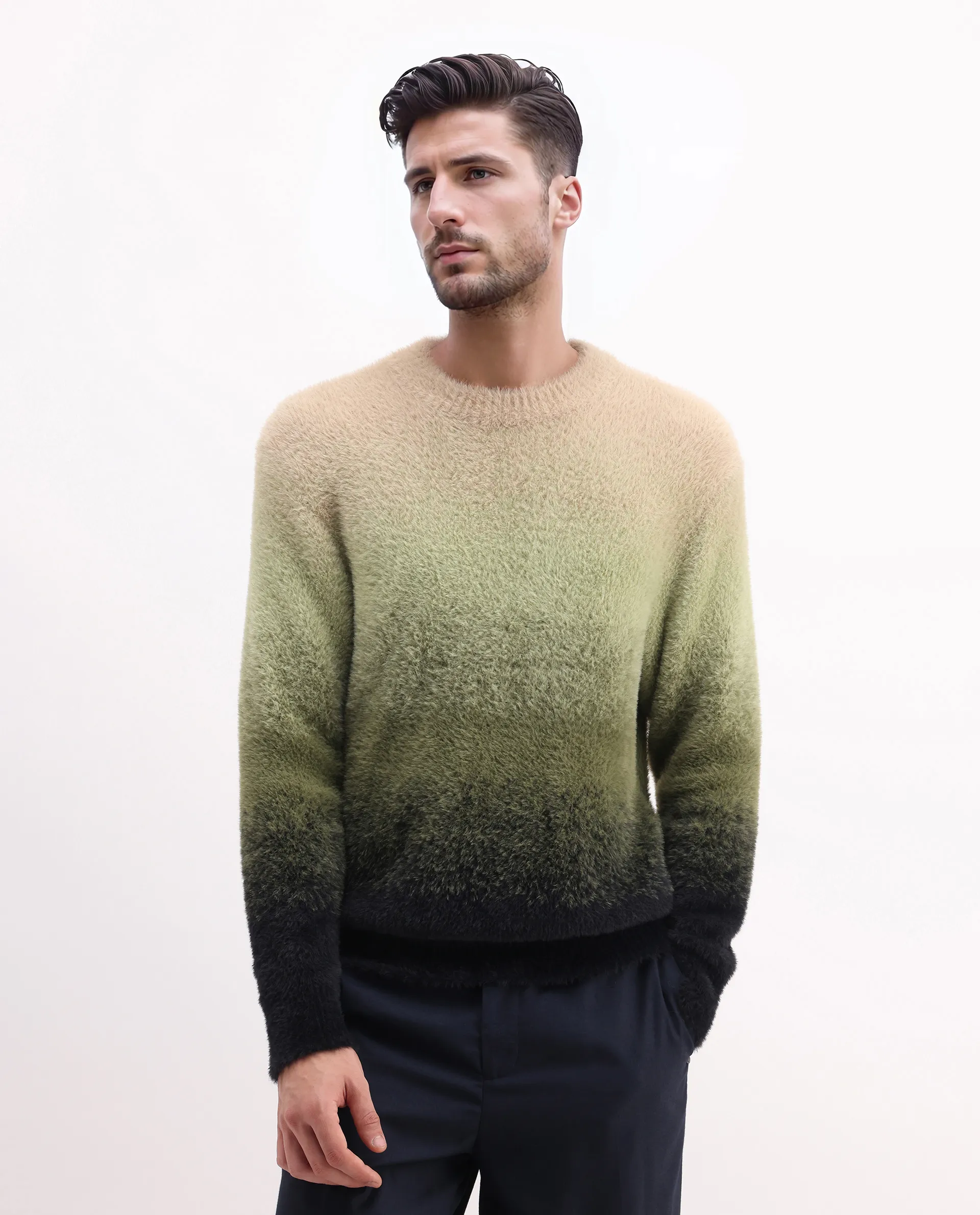 Rare Rabbit Men's Chervs Dark Green Cotton Color Block Regular Fit Full Sleeve Crew Neck Sweater